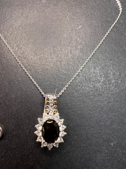 NEW elite Shungite and zircon pendant and chain in vermeil and rhodium over sterling silver