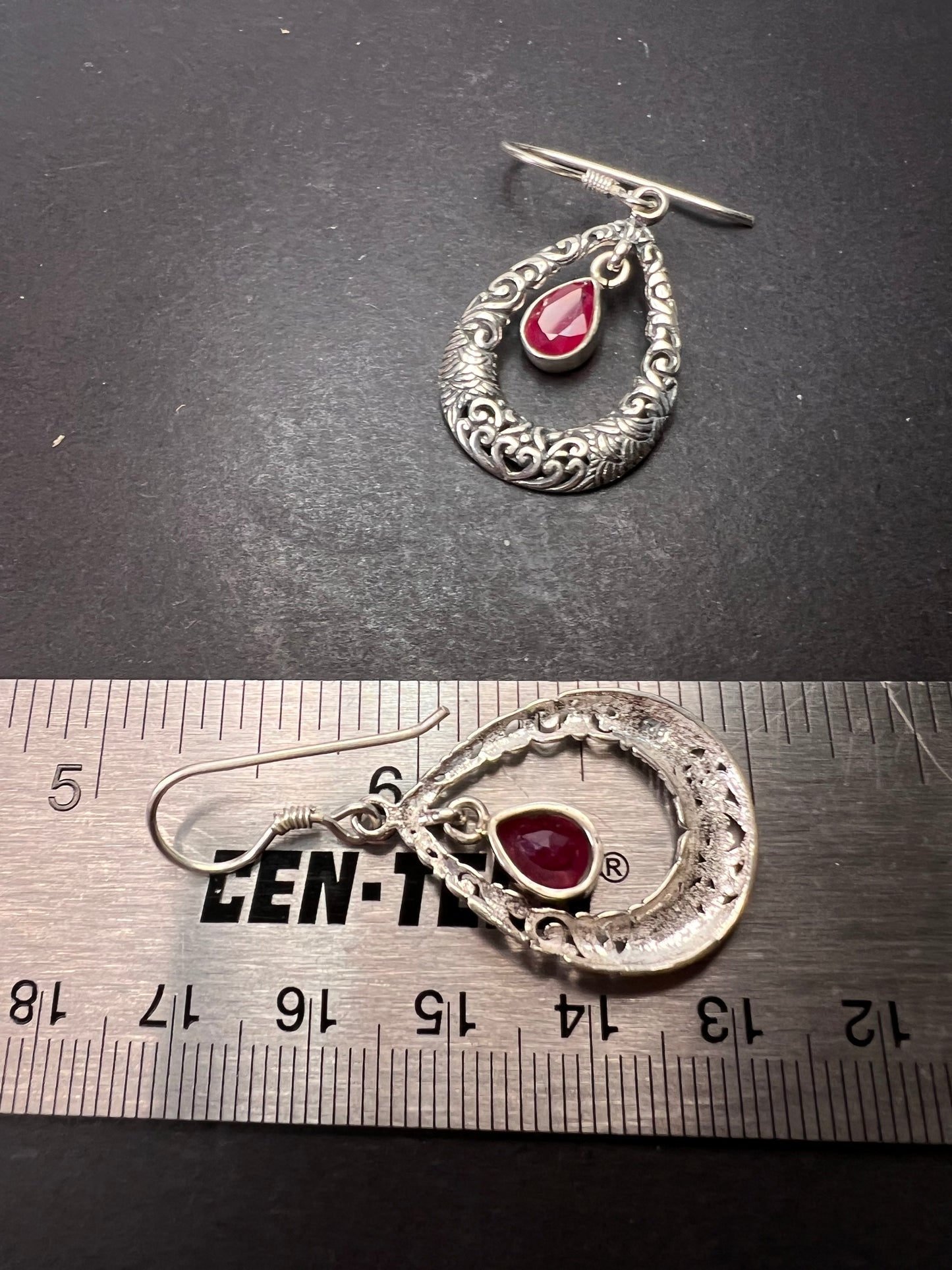 Ruby sterling silver open tear drop earrings