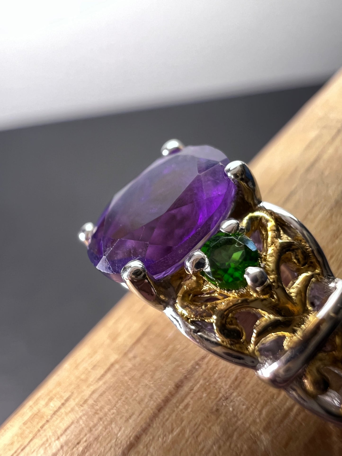 Amethyst and chrome diopside two toned sterling silver ring size 9