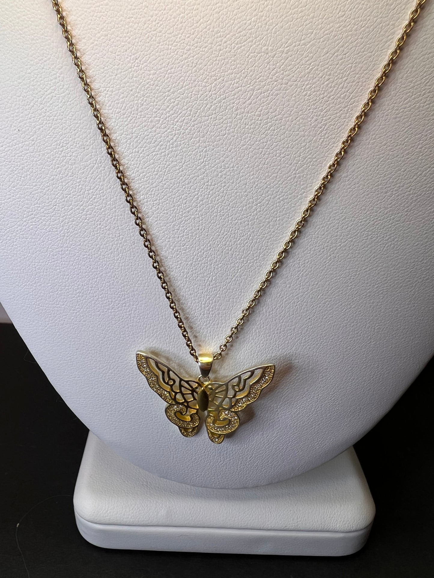 Butterfly CZ gold over sterling silver pendant and chain necklace