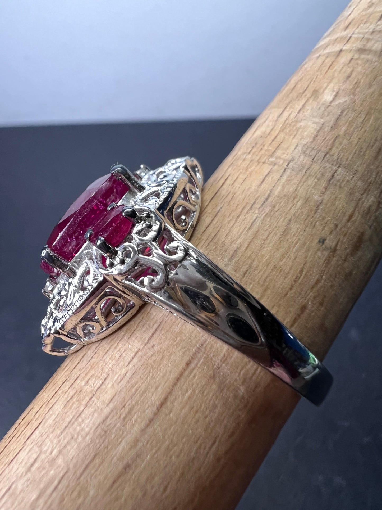 Ruby and white topaz sterling silver cocktail ring size 9