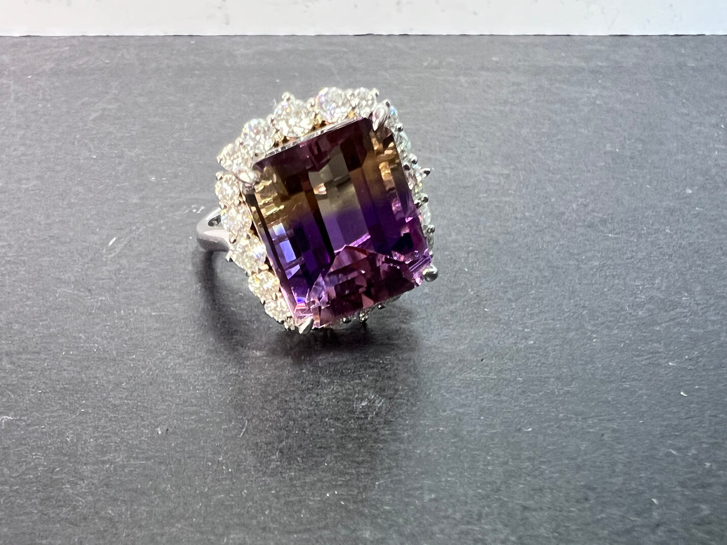 Ametrine and moissanite halo ring in rhodium over sterling silver size 8