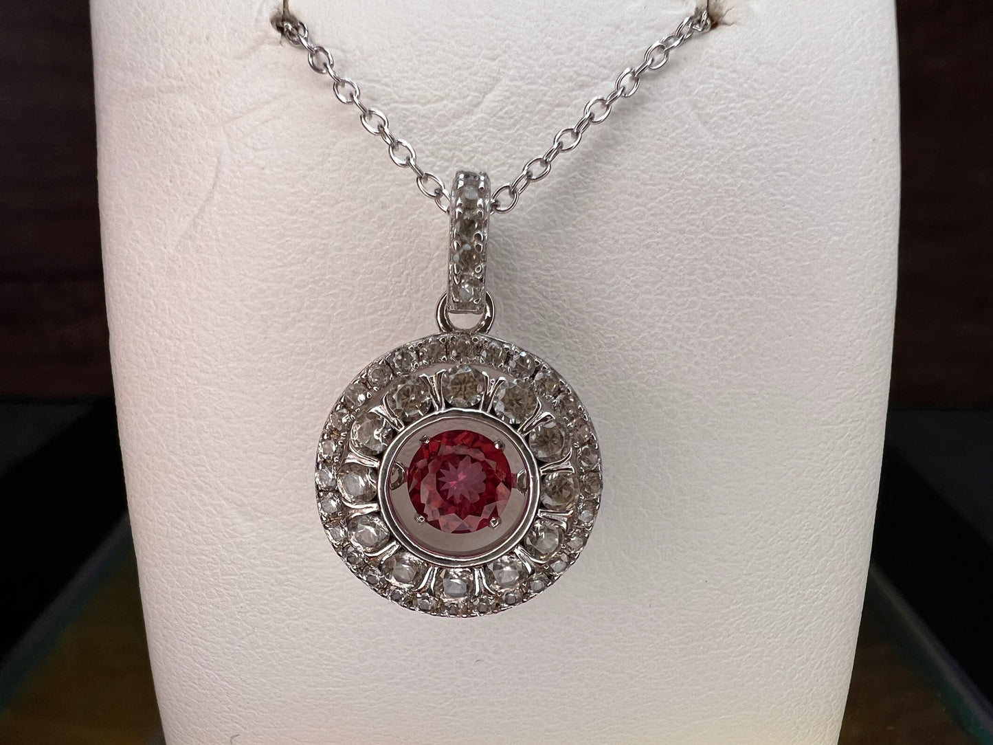 Pink tourmaline white topaz fluttering pendant necklace in platinum over sterling silver