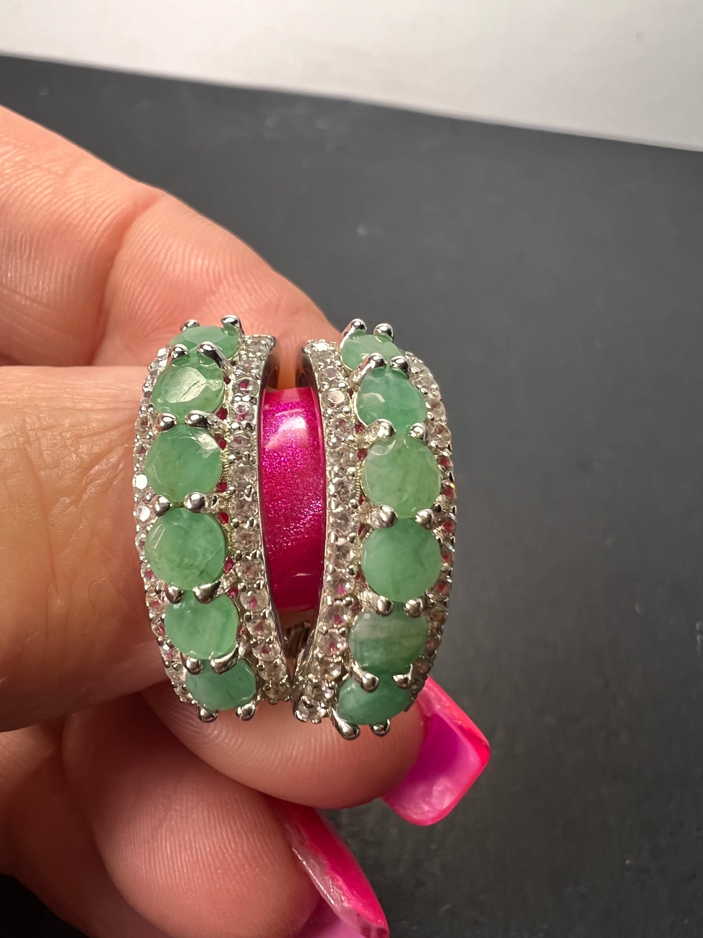 Green Emerald rhodium Over Silver J-Hoop Earrings 2.90ctw