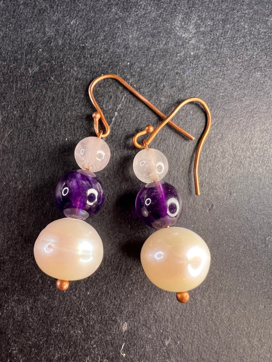 Pearl, amethyst and rose quartz dangle earrings in copper