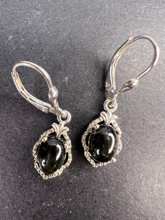 Black star sapphire sterling silver leverback earrings