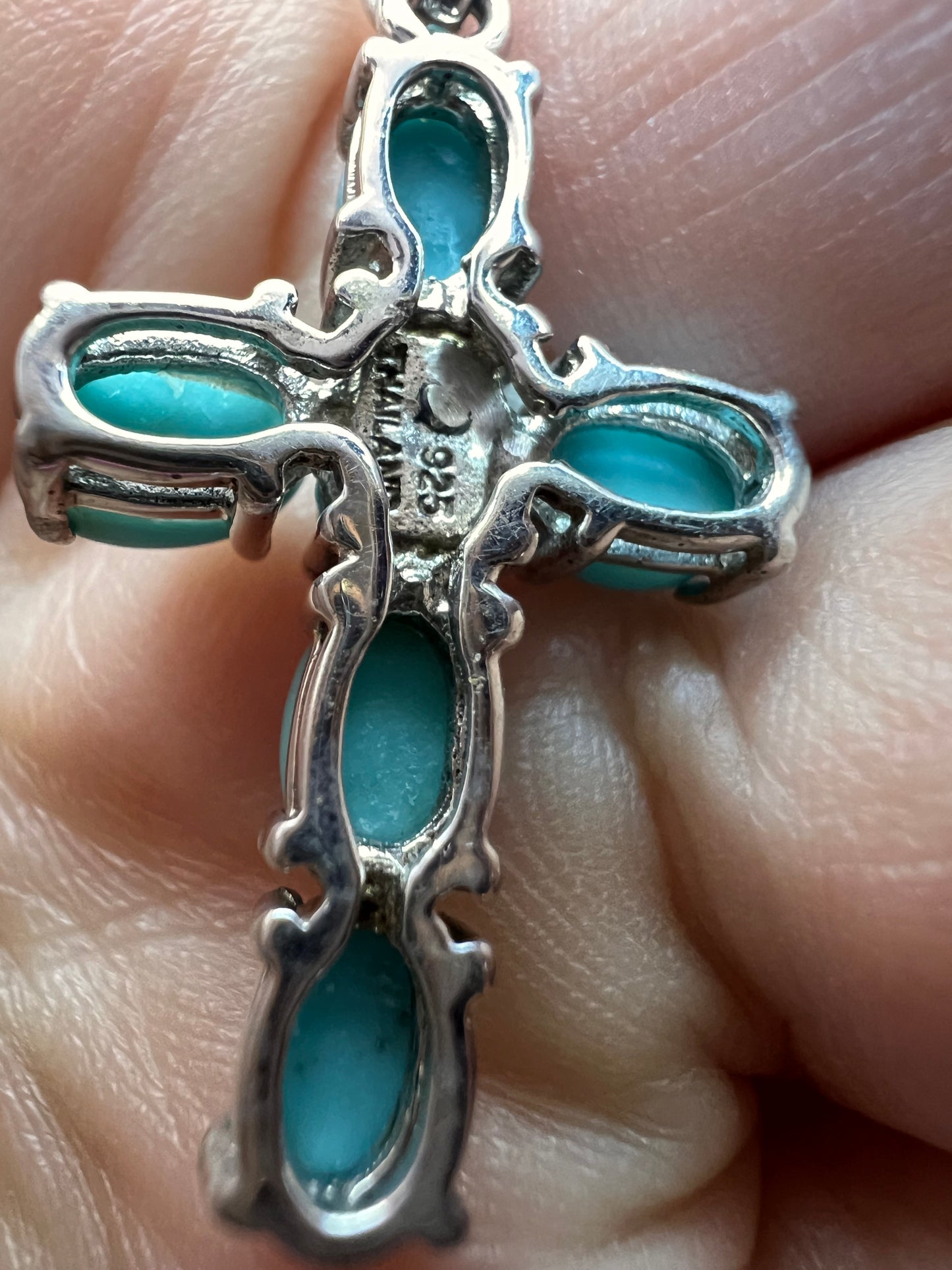 Sleeping Beauty turquoise cross pendant and chain  in rhodium over sterling silver necklace