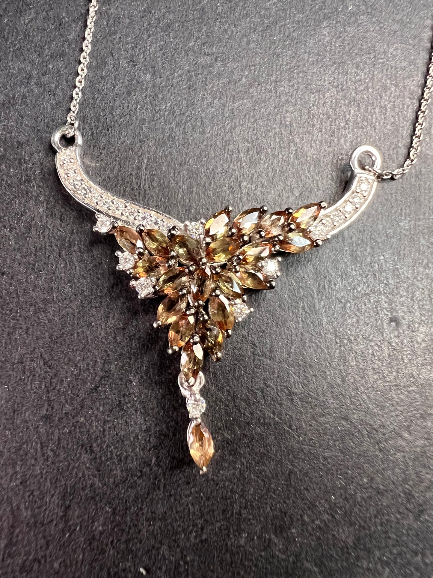 NEW Andalusite and Moissanite floral necklace in rhodium over sterling silver