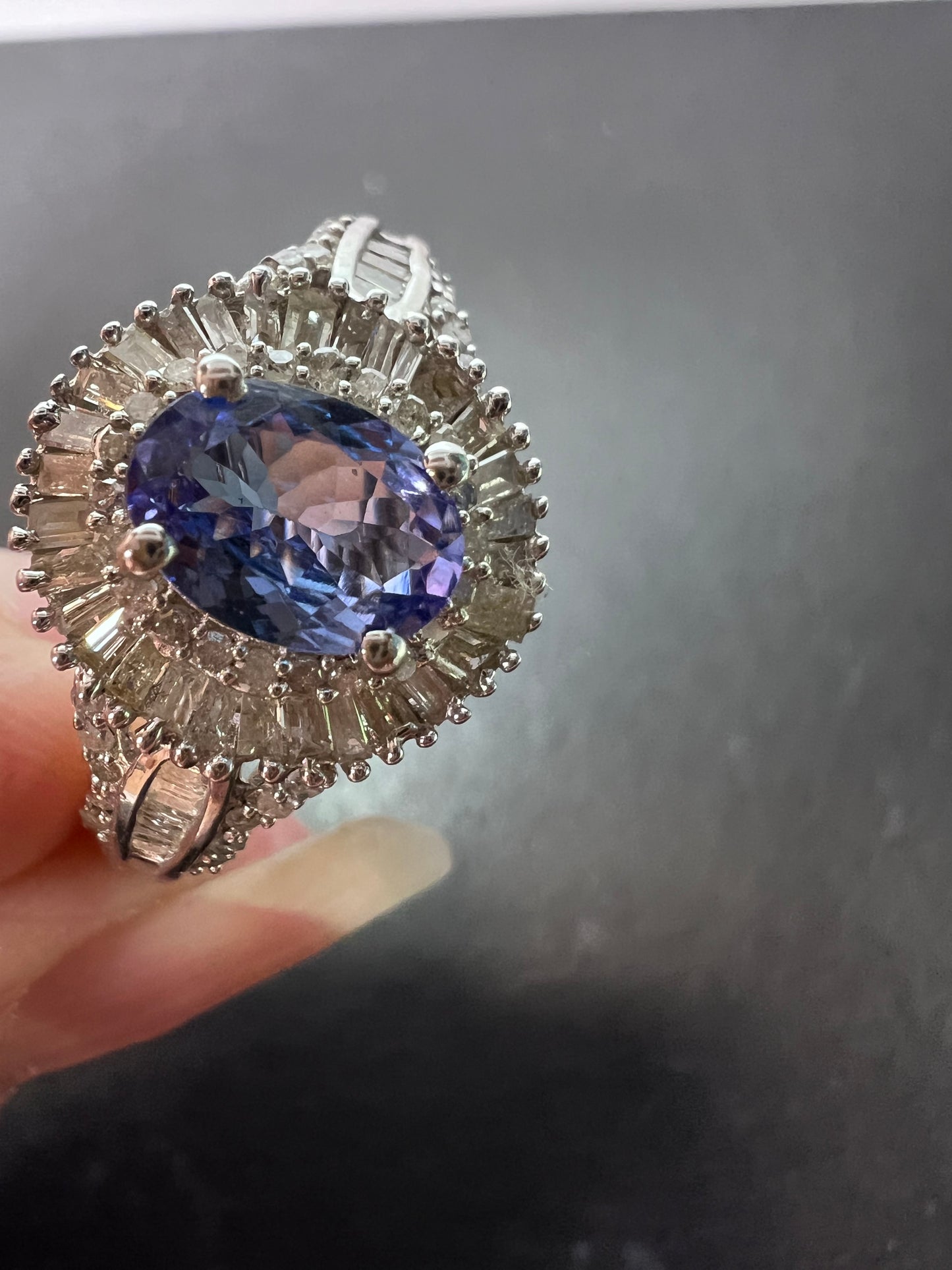 AAA Tanzanite and Diamond  Double Halo Ring in Platinum Over Sterling Silver, Oval Engagement Ring size 10