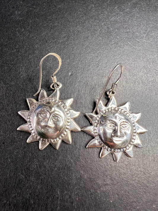 Vintage Sterling Silver Sun Face Dangle Earrings 925