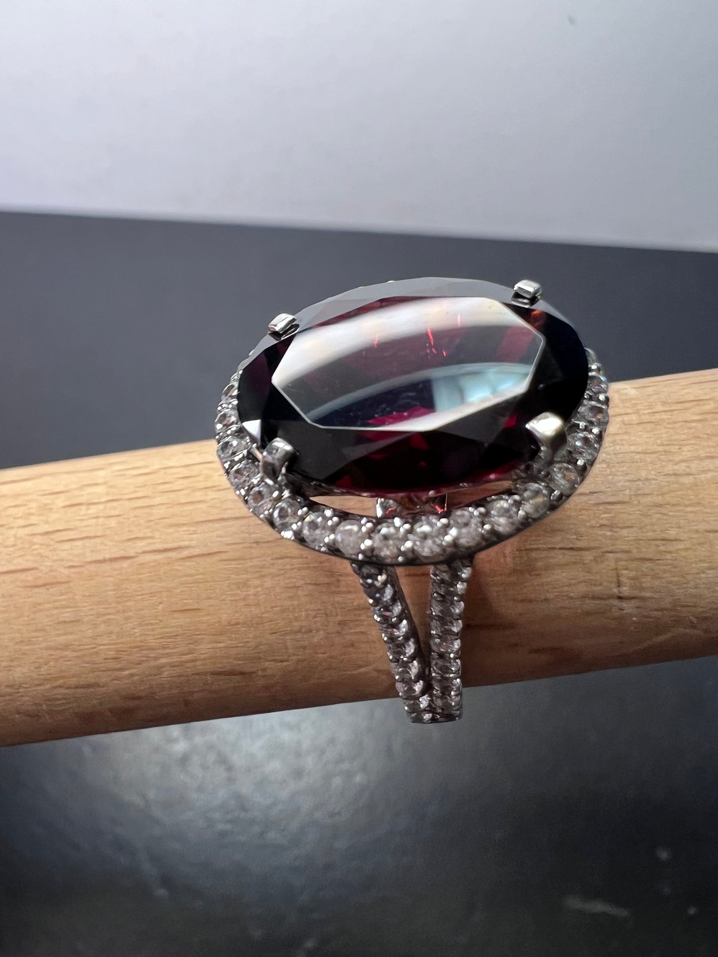 Garnet and zircon sterling silver halo ring size 9