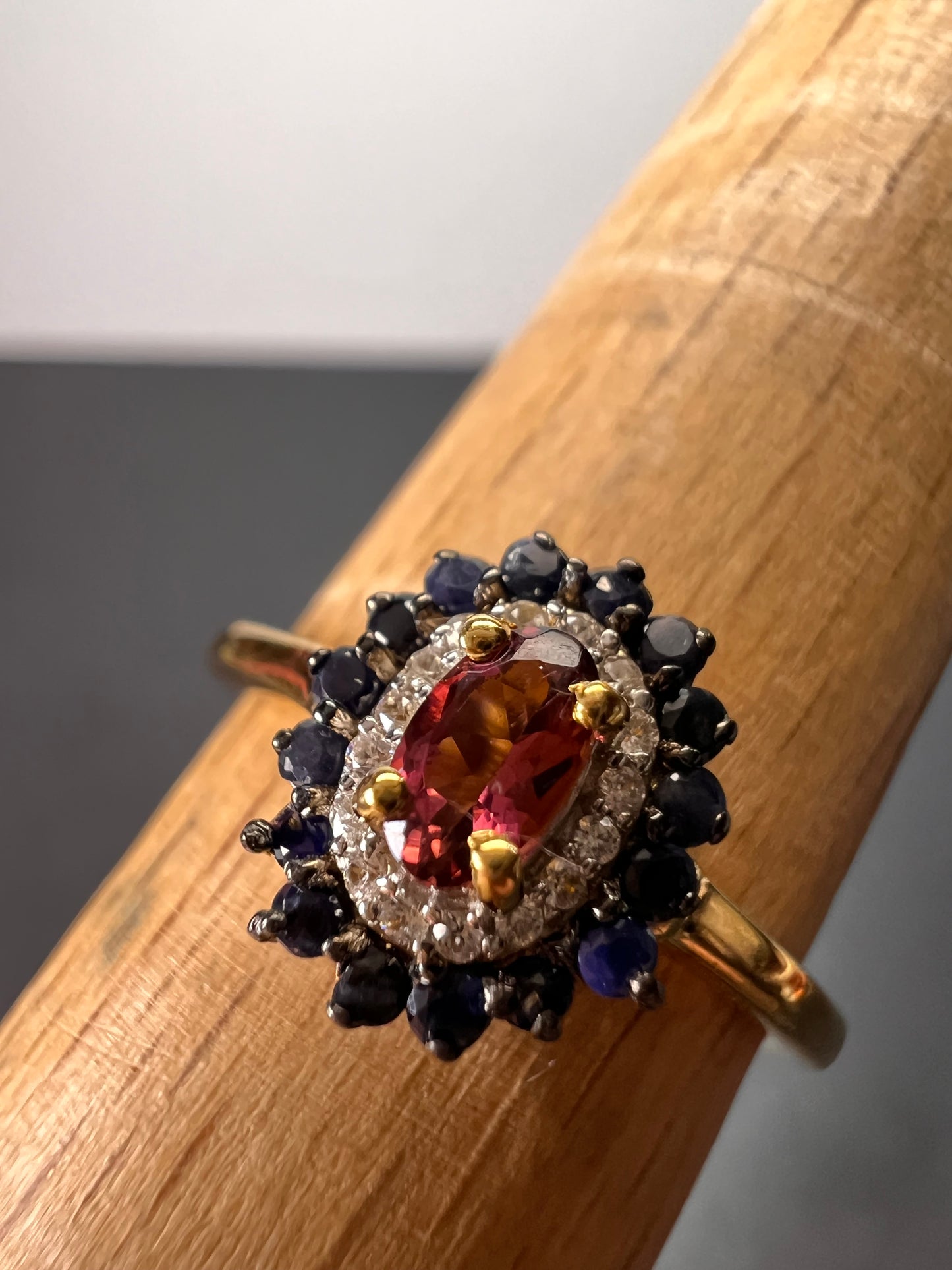 Ofiki rubellite and blue sapphire double halo ring in vermeil yellow gold over sterling silver size 8