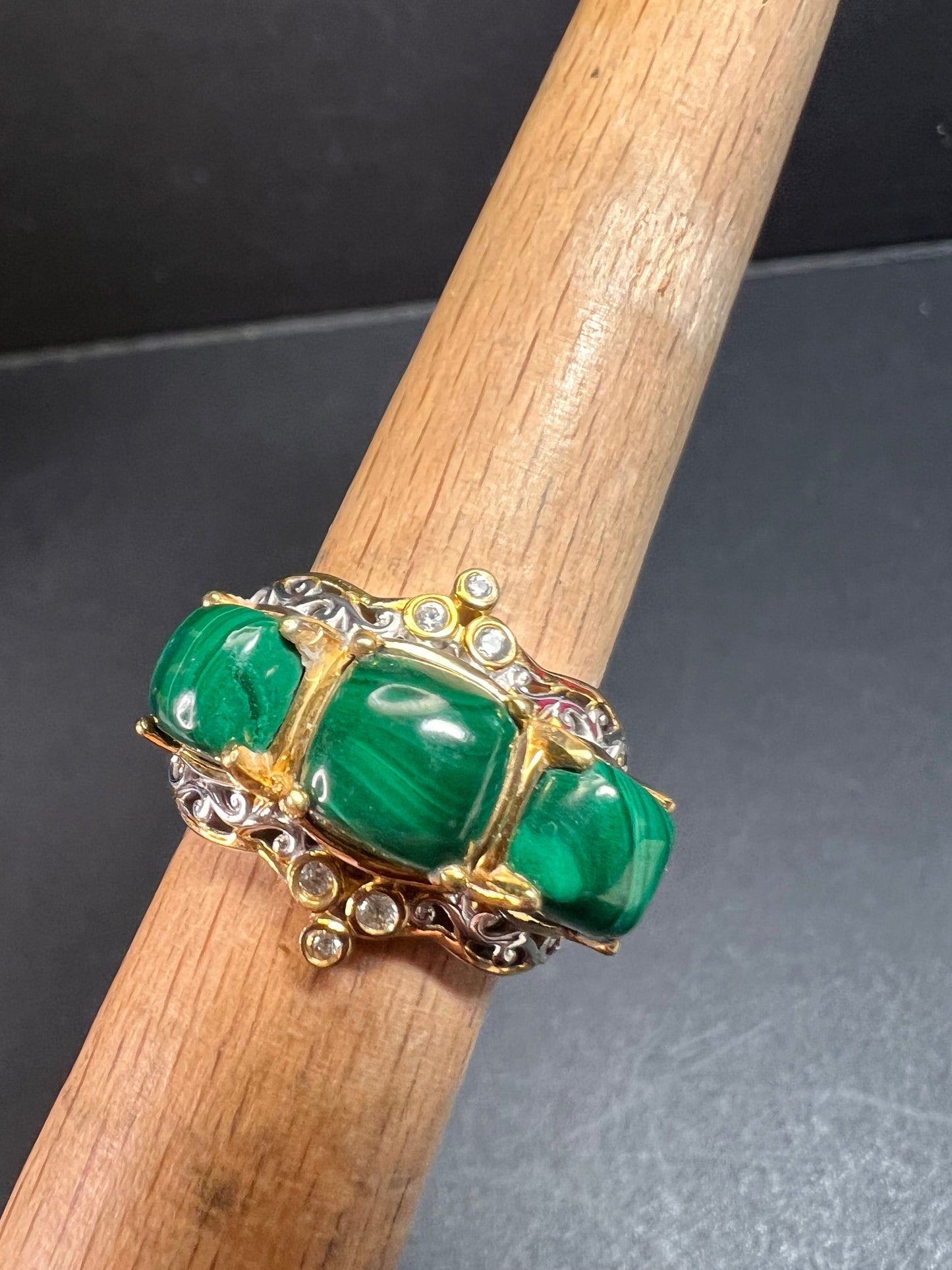 NEW Malachite and zircon two toned ring in vermeil and rhodium over sterling silver size 7