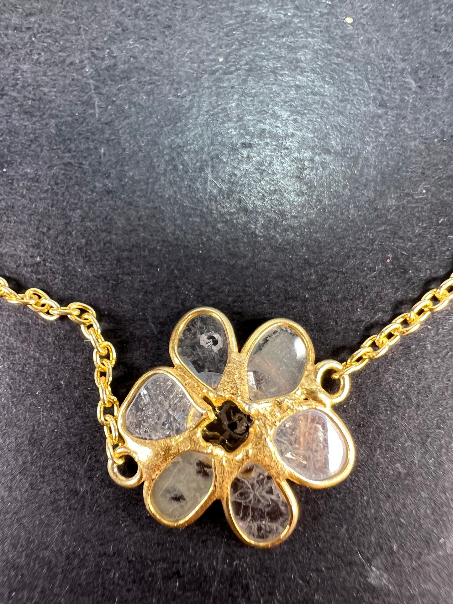 Polki diamond flowers station necklace in vermeil yellow gold over sterling silver