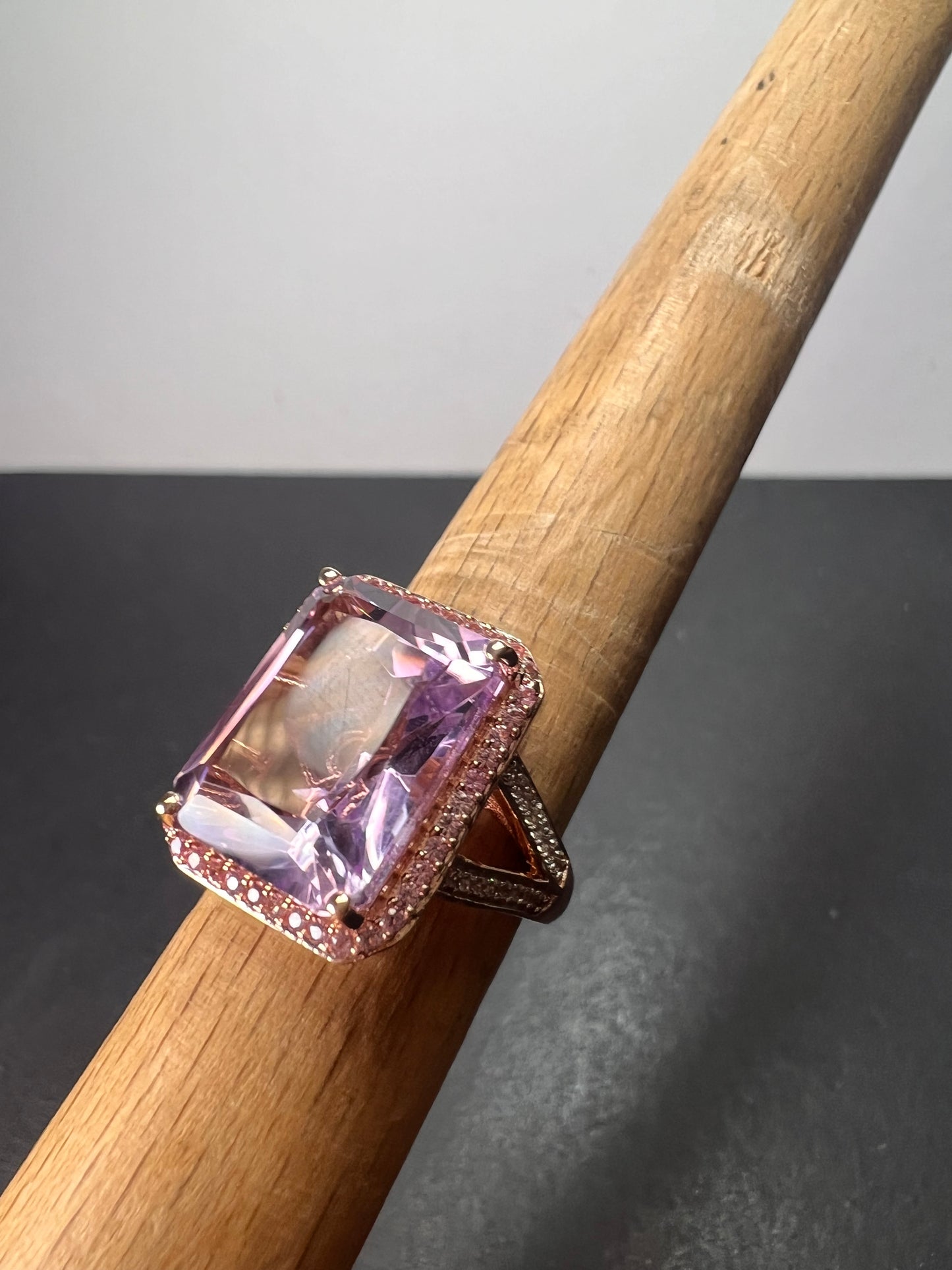 Radiant cut rose de France amethyst and pink sapphire halo ring in rose gold vermeil over sterling silver size 8 *NEW*