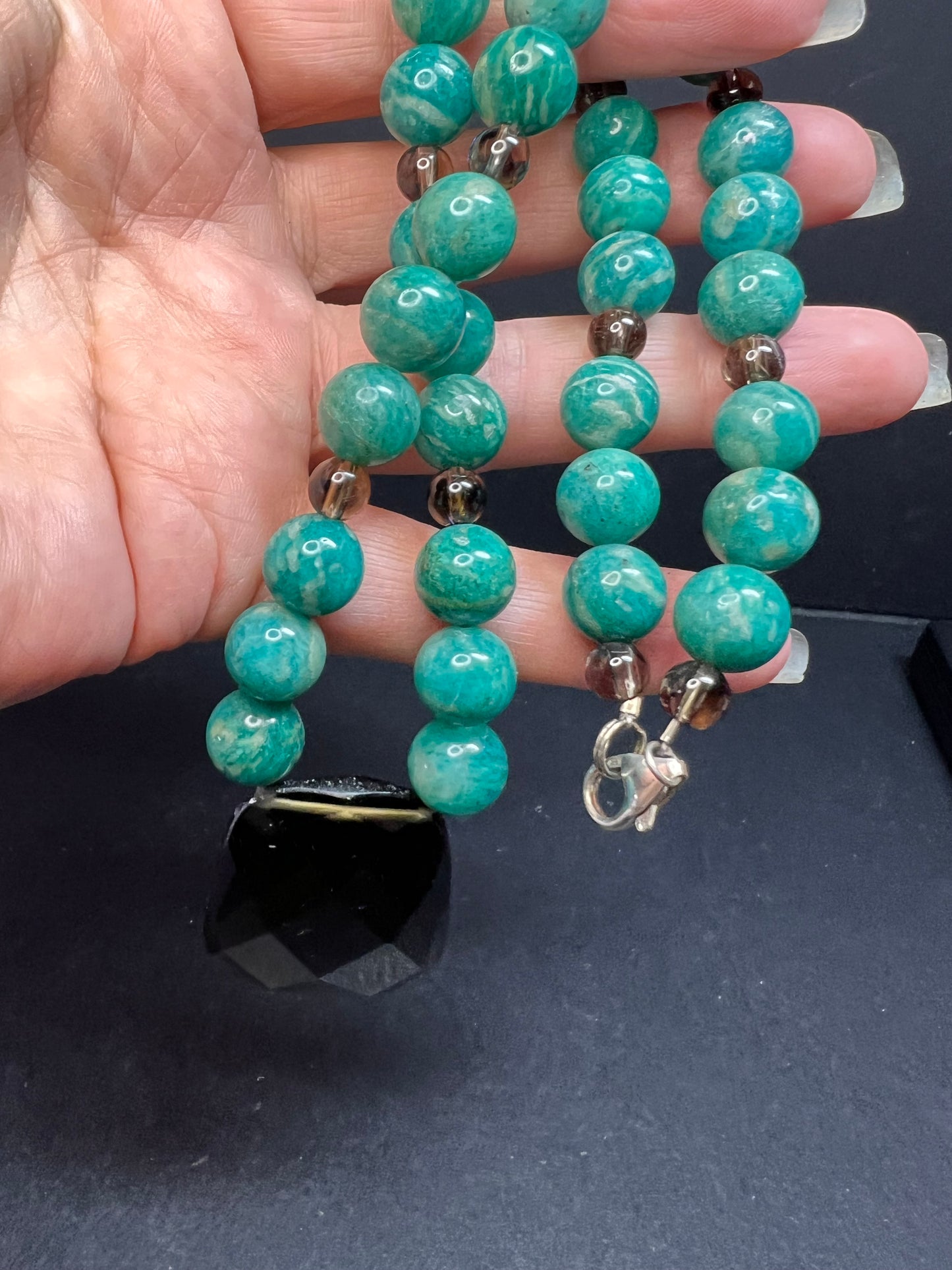 Russian amazonite and smoky quartz necklace with sterling silver clasp