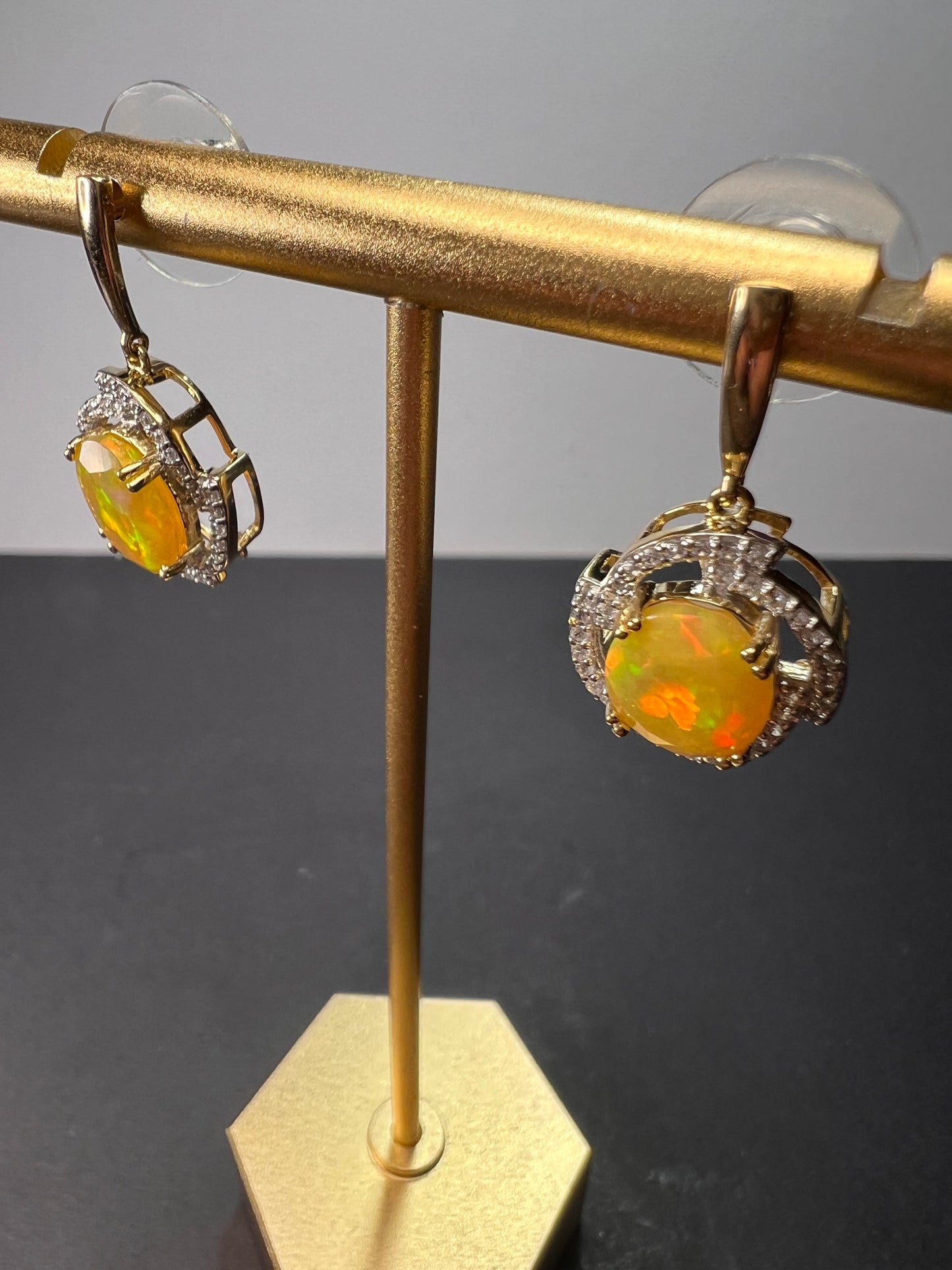 10k gold Ethiopian opal and white zircon earrings