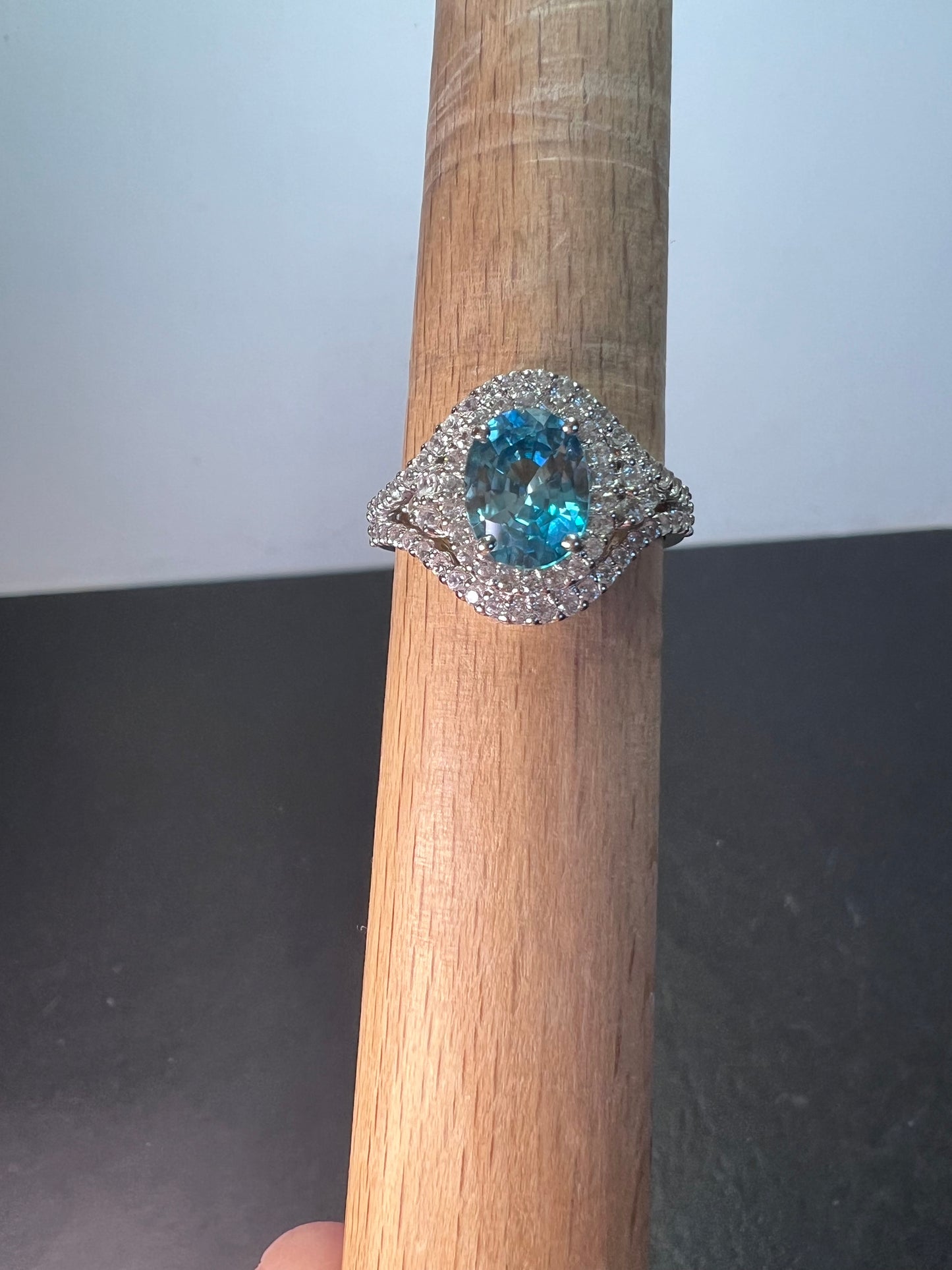 10k white gold blue topaz and white zircon double halo ring size 9