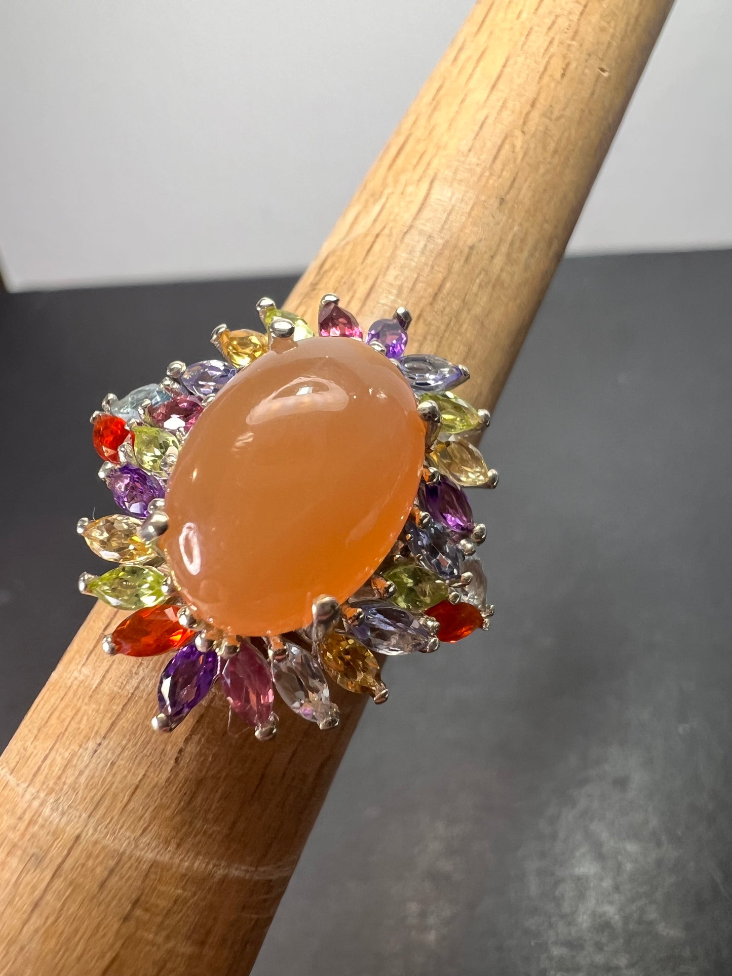 Peach moonstone multi gemstone ring in platinum over sterling silver size 6 *NEW*