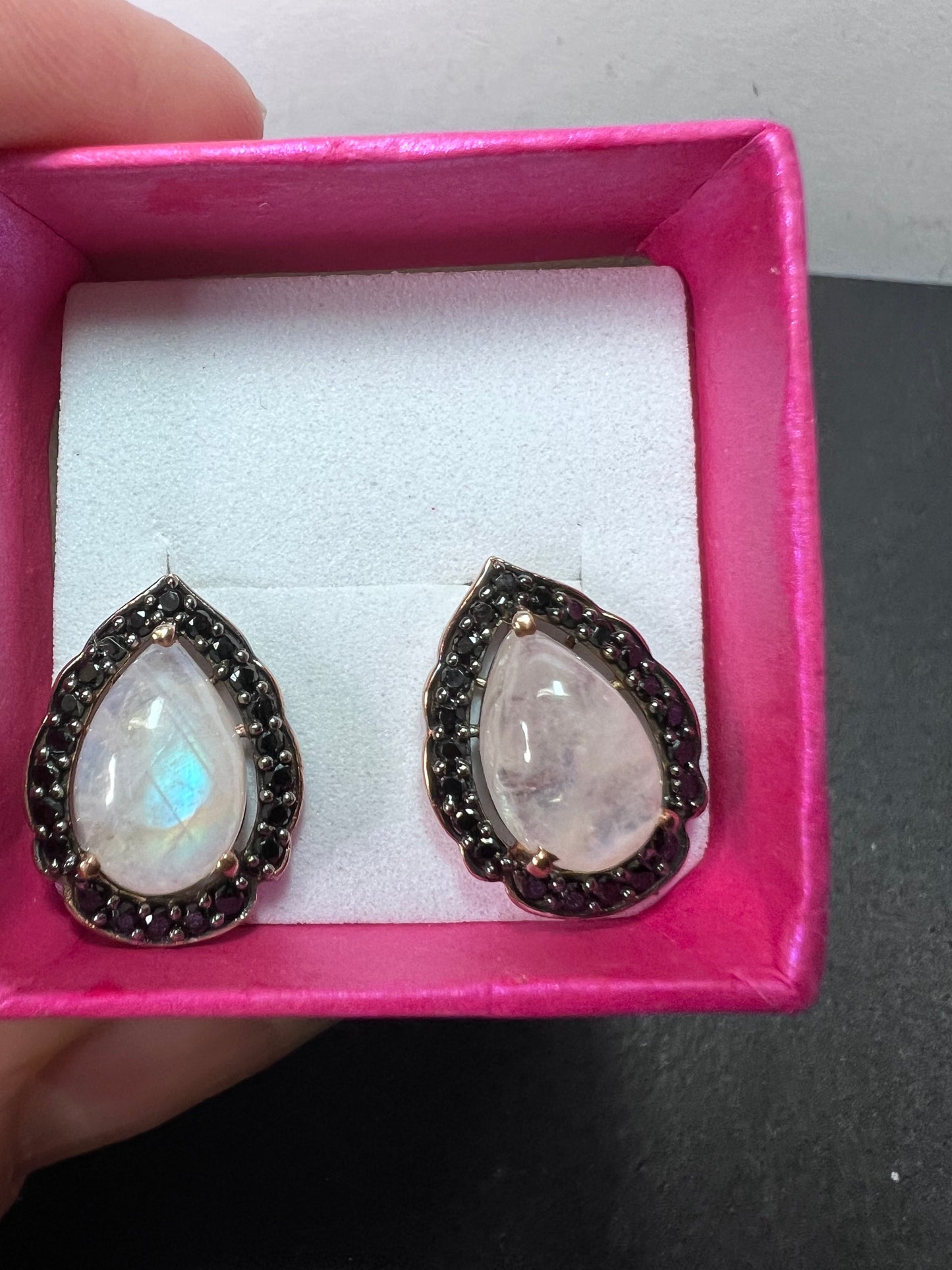 Rainbow moonstone and black spinel tear drop stud halo earrings in rose gold over sterling silver