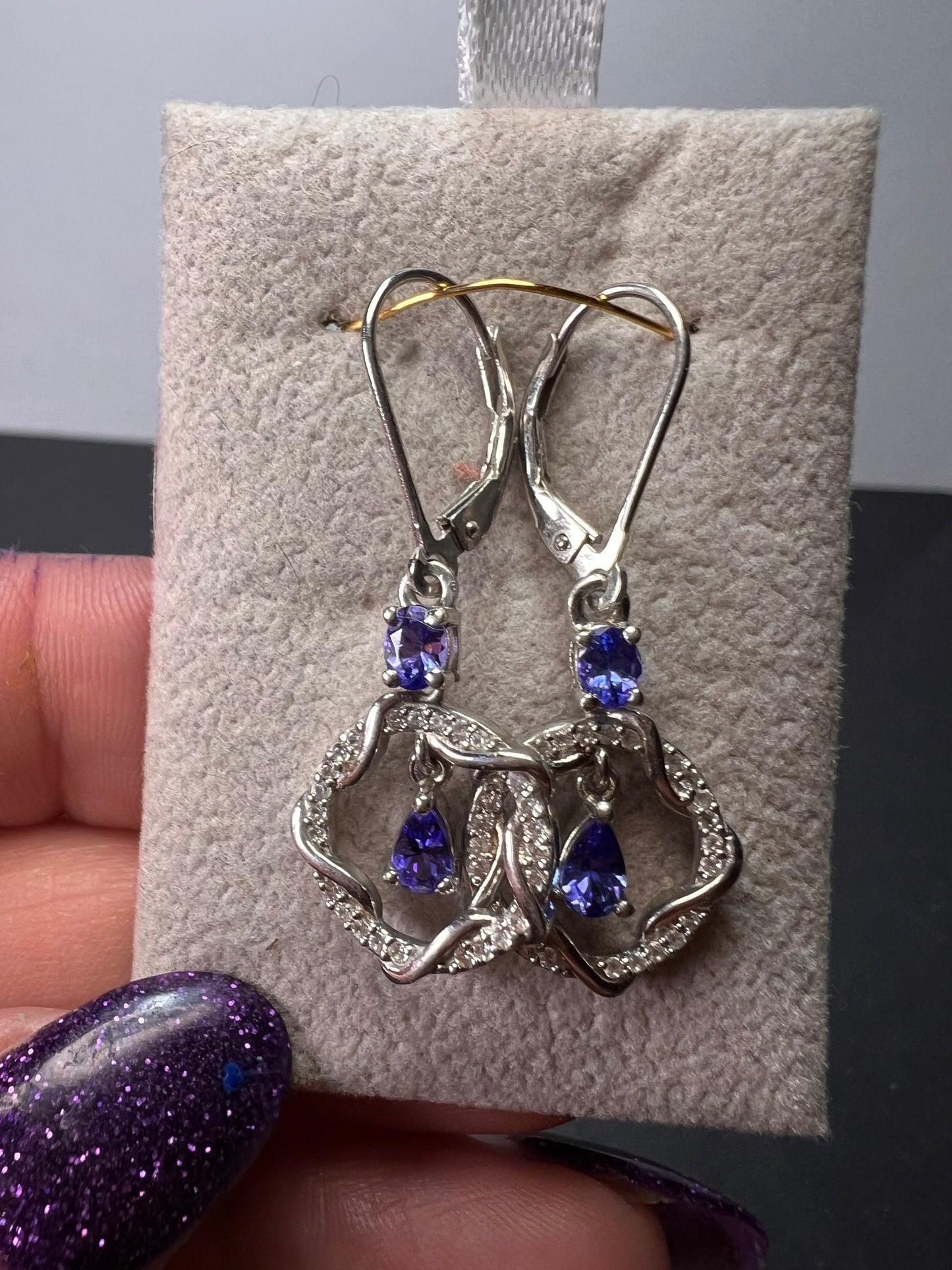 Tanzanite and diamond sterling silver drop earrings