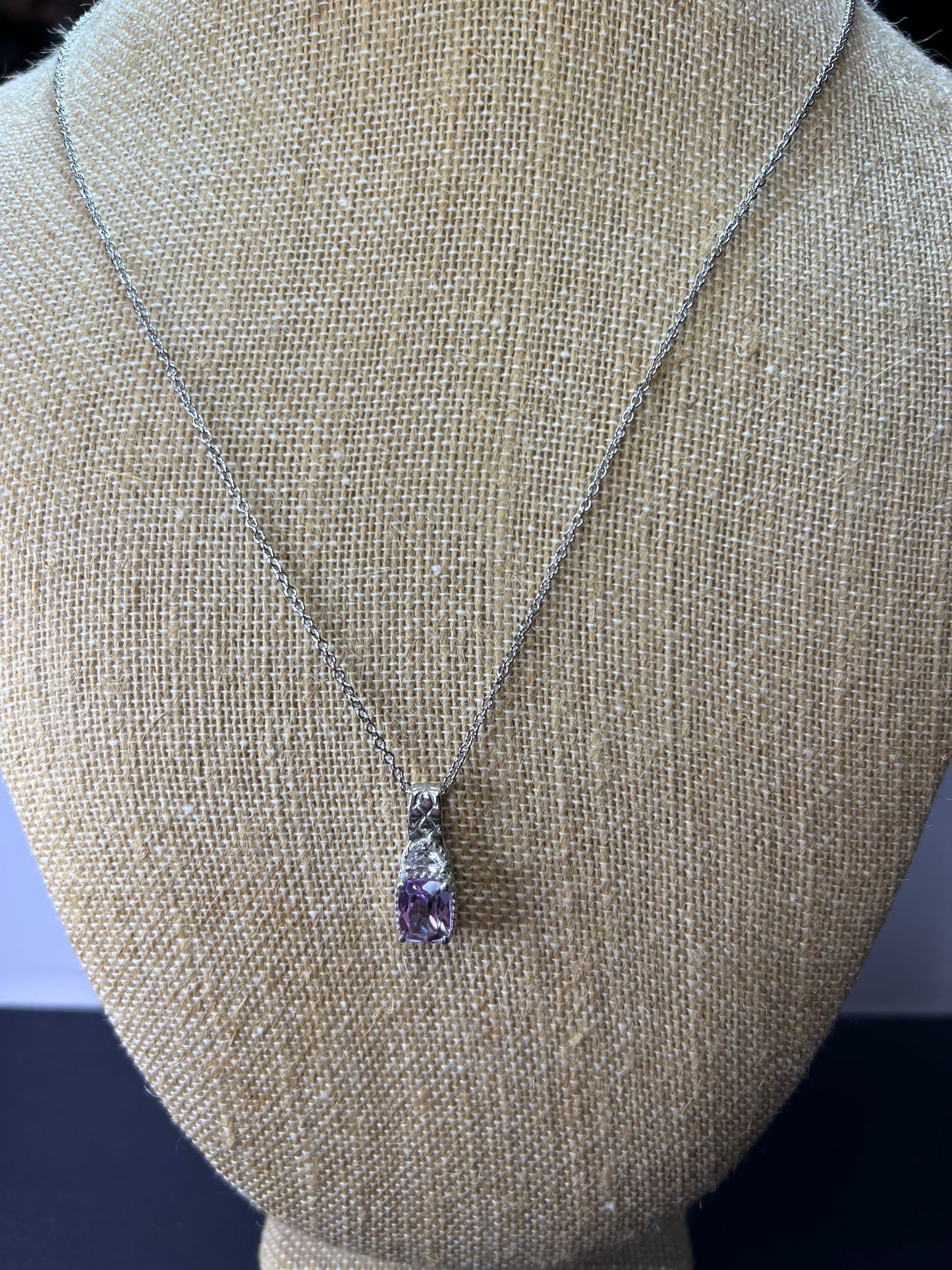 Rose de France amethyst and white topaz sterling silver pendant with stainless steel chain