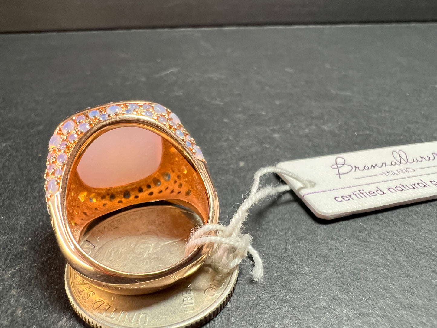 Pink Chalcedony Statement Ring 18K Rose Gold Plated Size 7.5 NWT