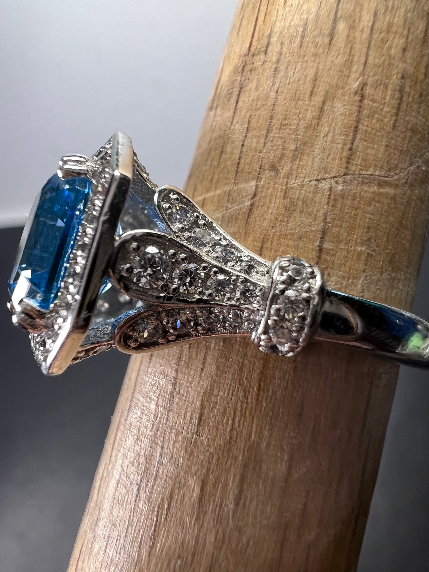 Blue zircon and CZ sterling silver cocktail ring size 7