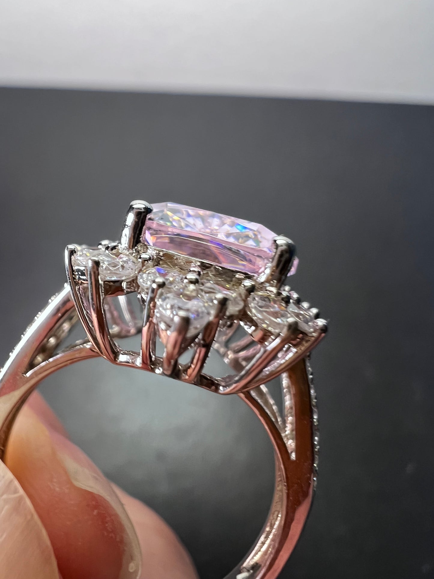 Pink and white CZ sterling silver halo ring size 8