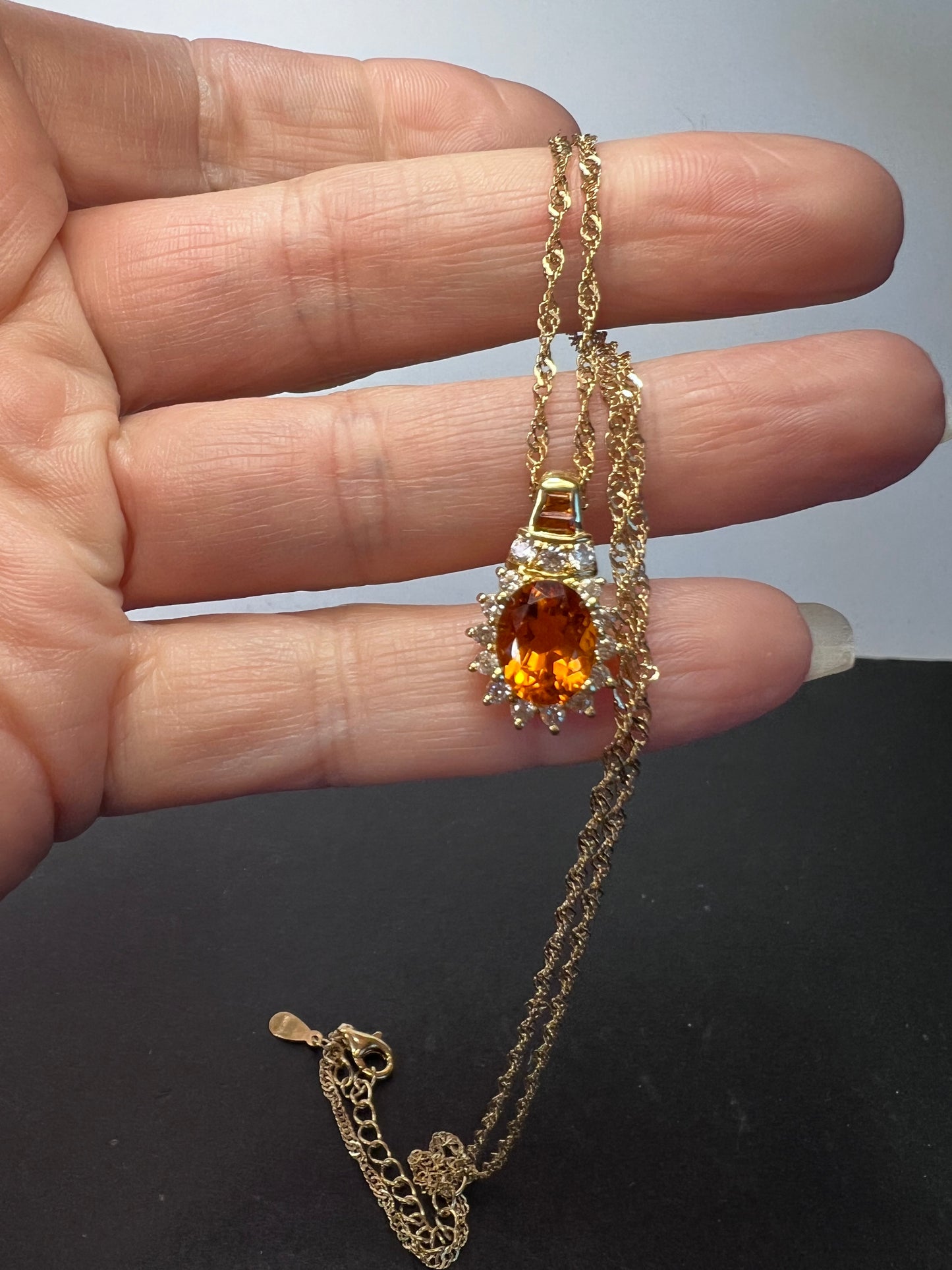 Mandarin citrine and white topaz halo pendant necklace in 14k gold over sterling silver