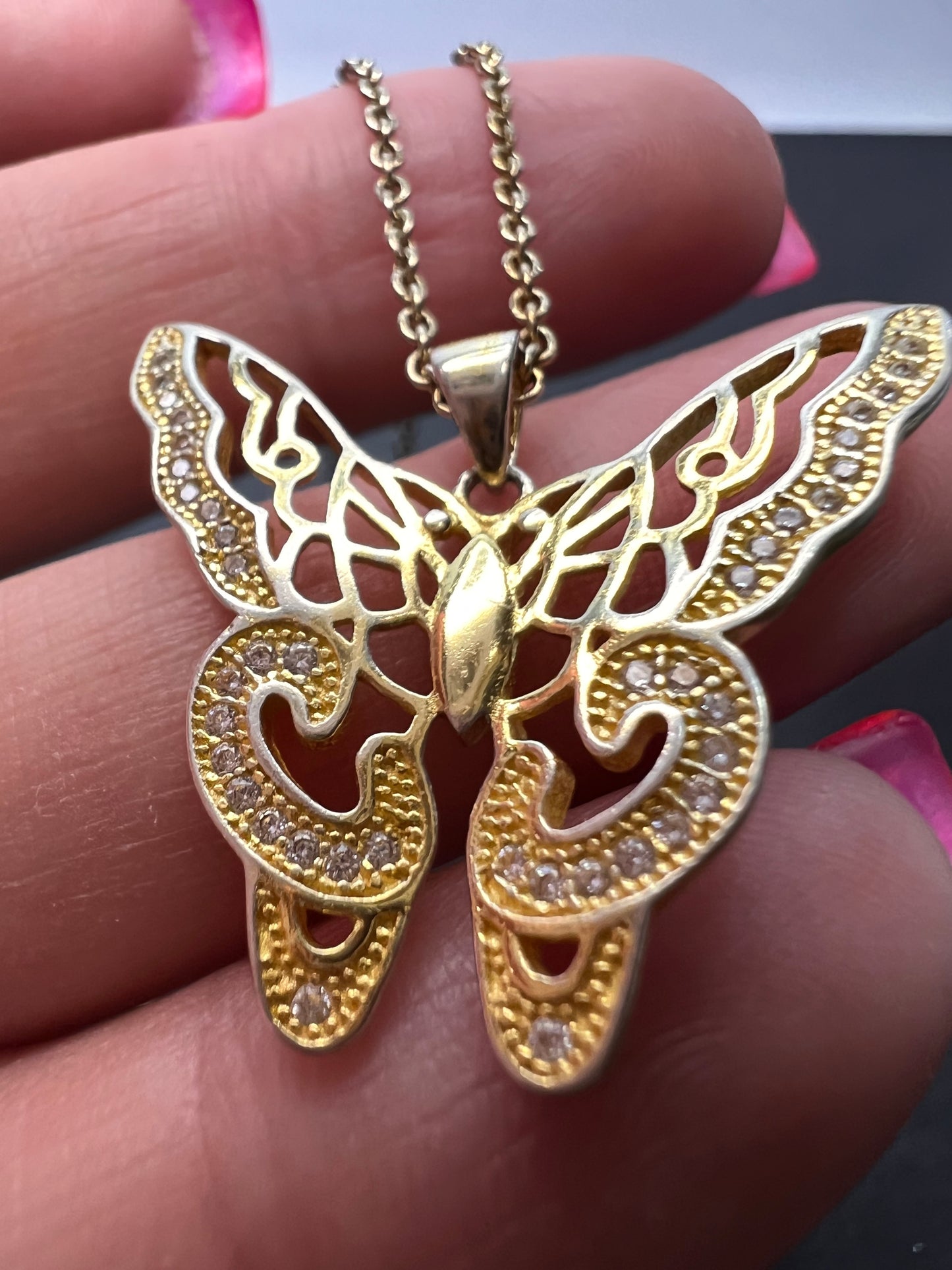 Butterfly CZ gold over sterling silver pendant and chain necklace