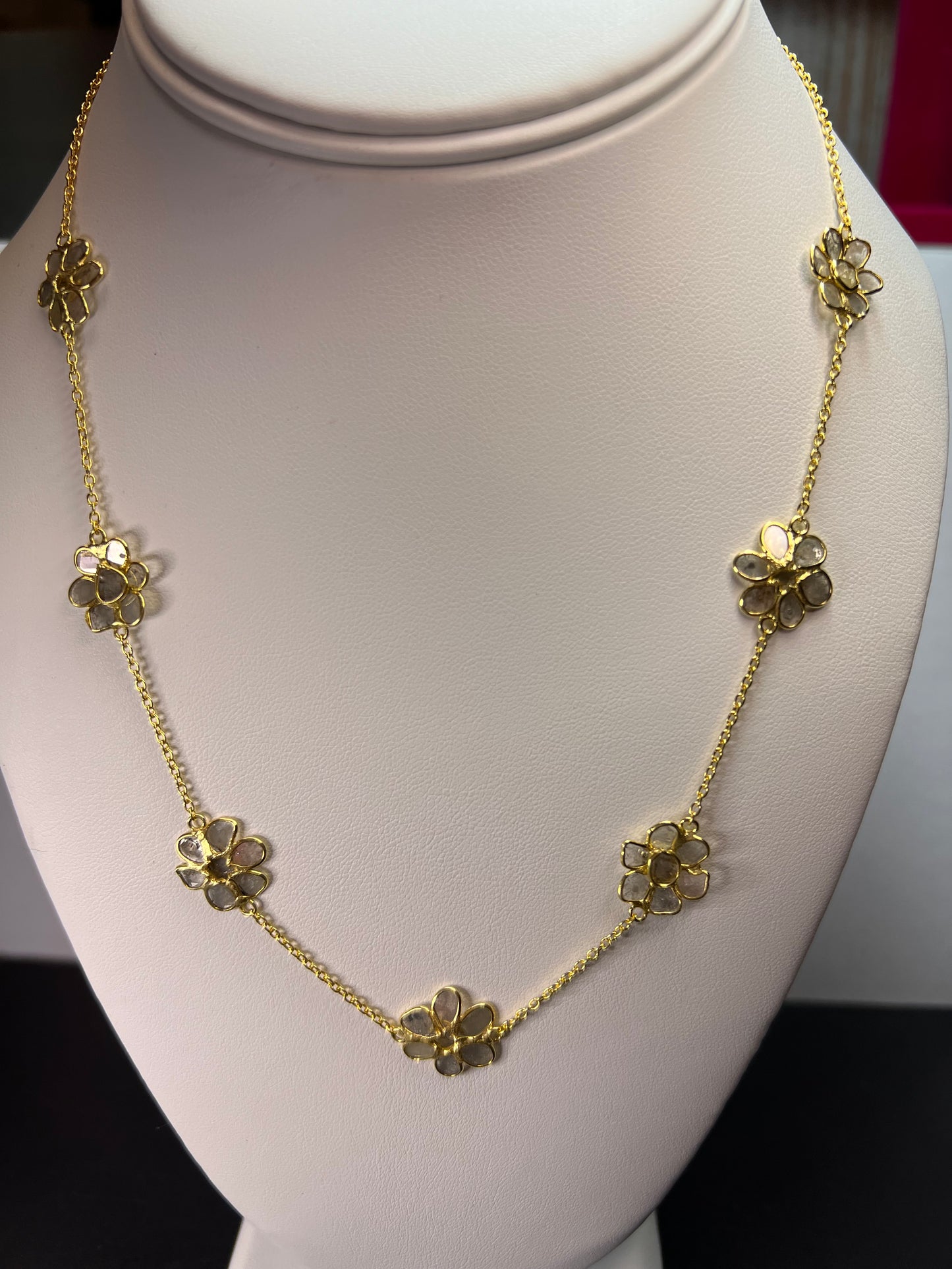 Polki diamond flowers station necklace in vermeil yellow gold over sterling silver