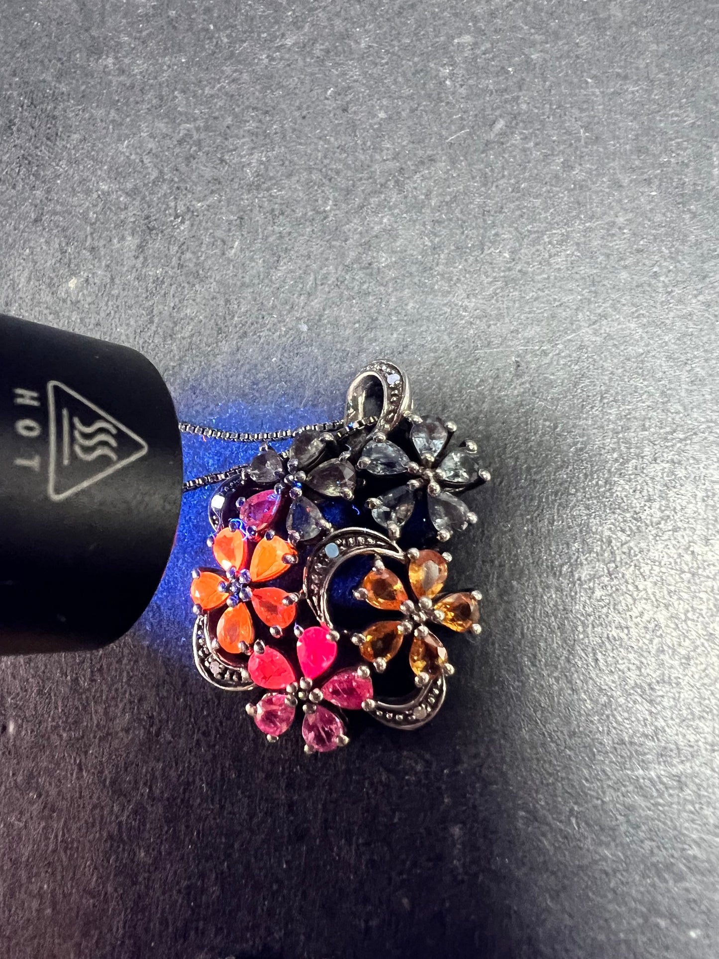 Vintage Sterling Silver Multi Sapphire & Diamond Flower Pendant