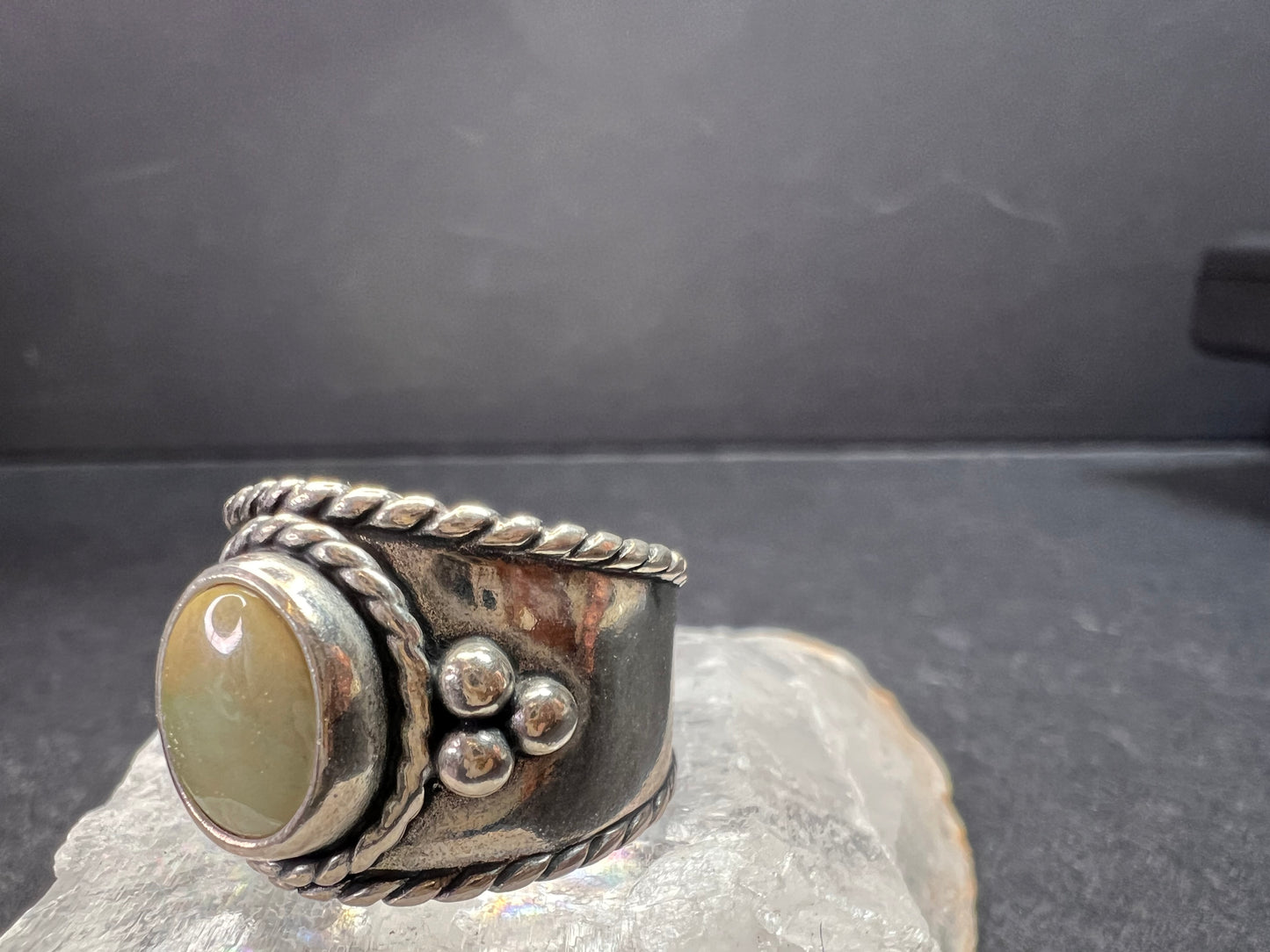 Vintage Sterling Silver Size 6 Ring | Artisan Style Green Cabochon Band