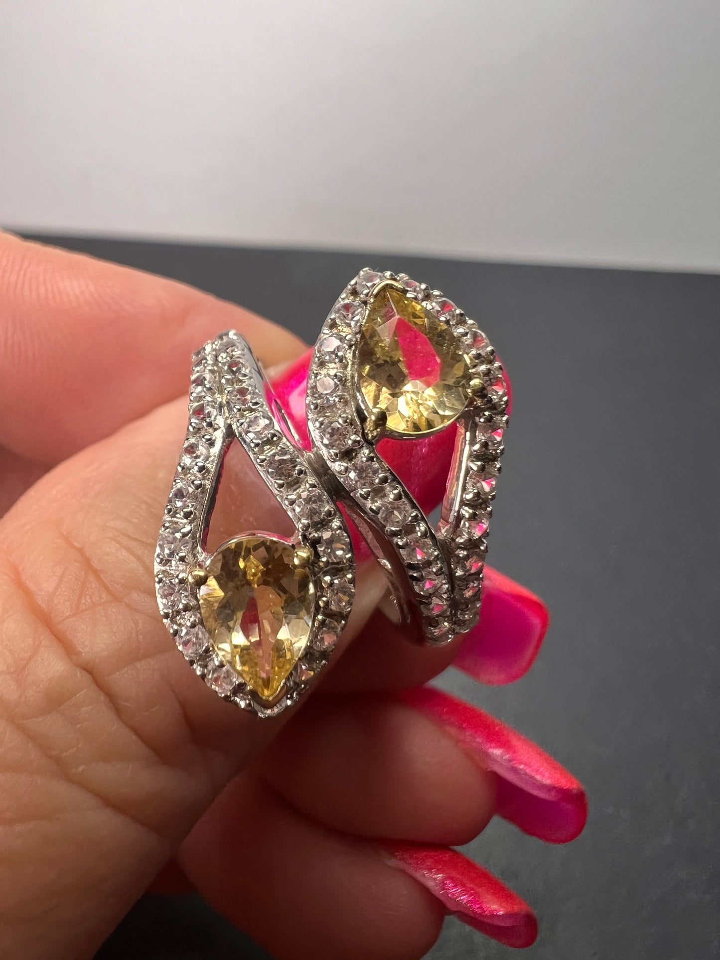 Yellow Beryl and Zircon Sterling Silver Bypass Ring size 9