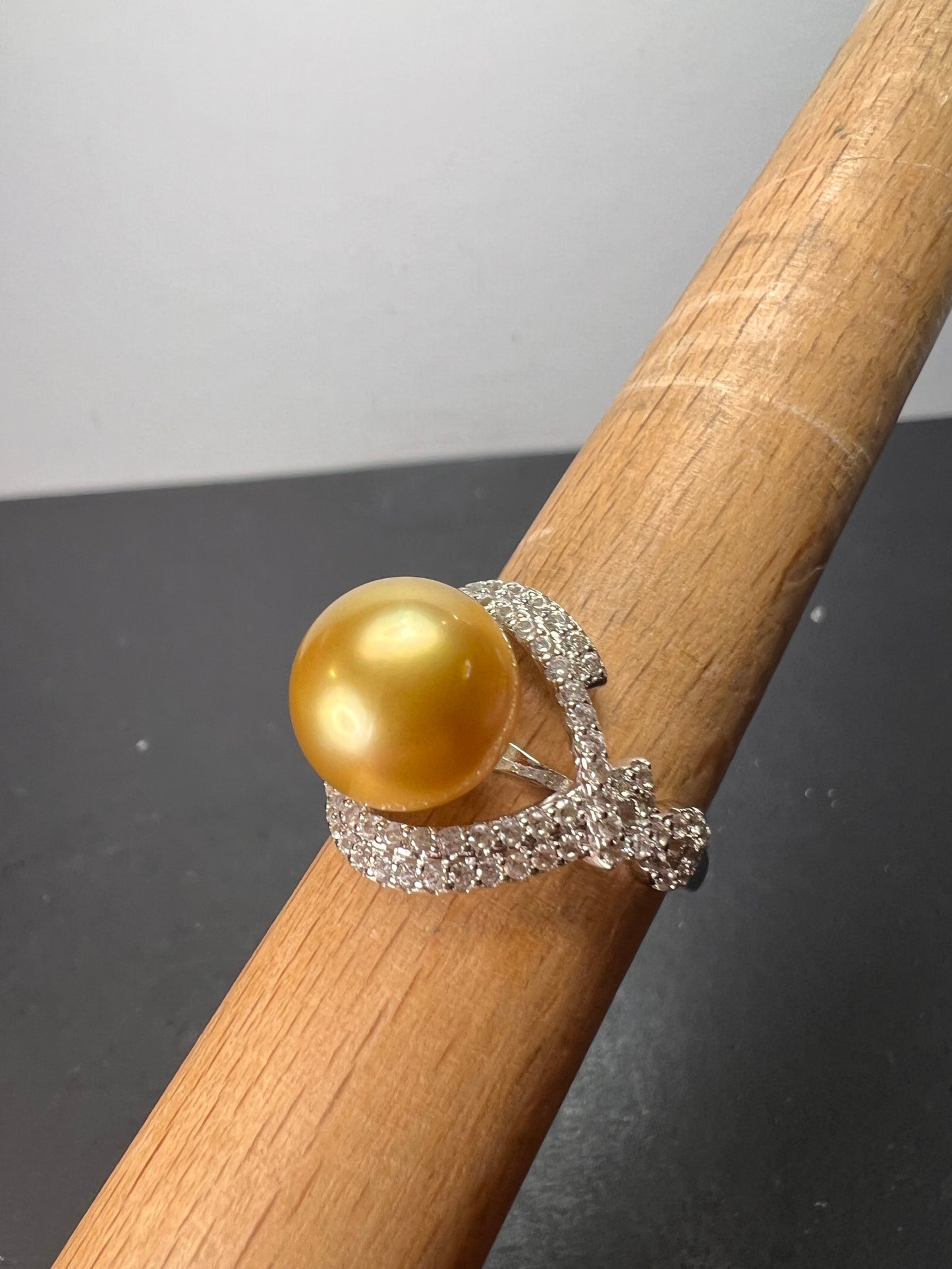 AAA1 Natural Color Deep Gold 11mm Golden South Sea Cultured Pearl and Zircon ring in rhodium over Sterling silver size 9