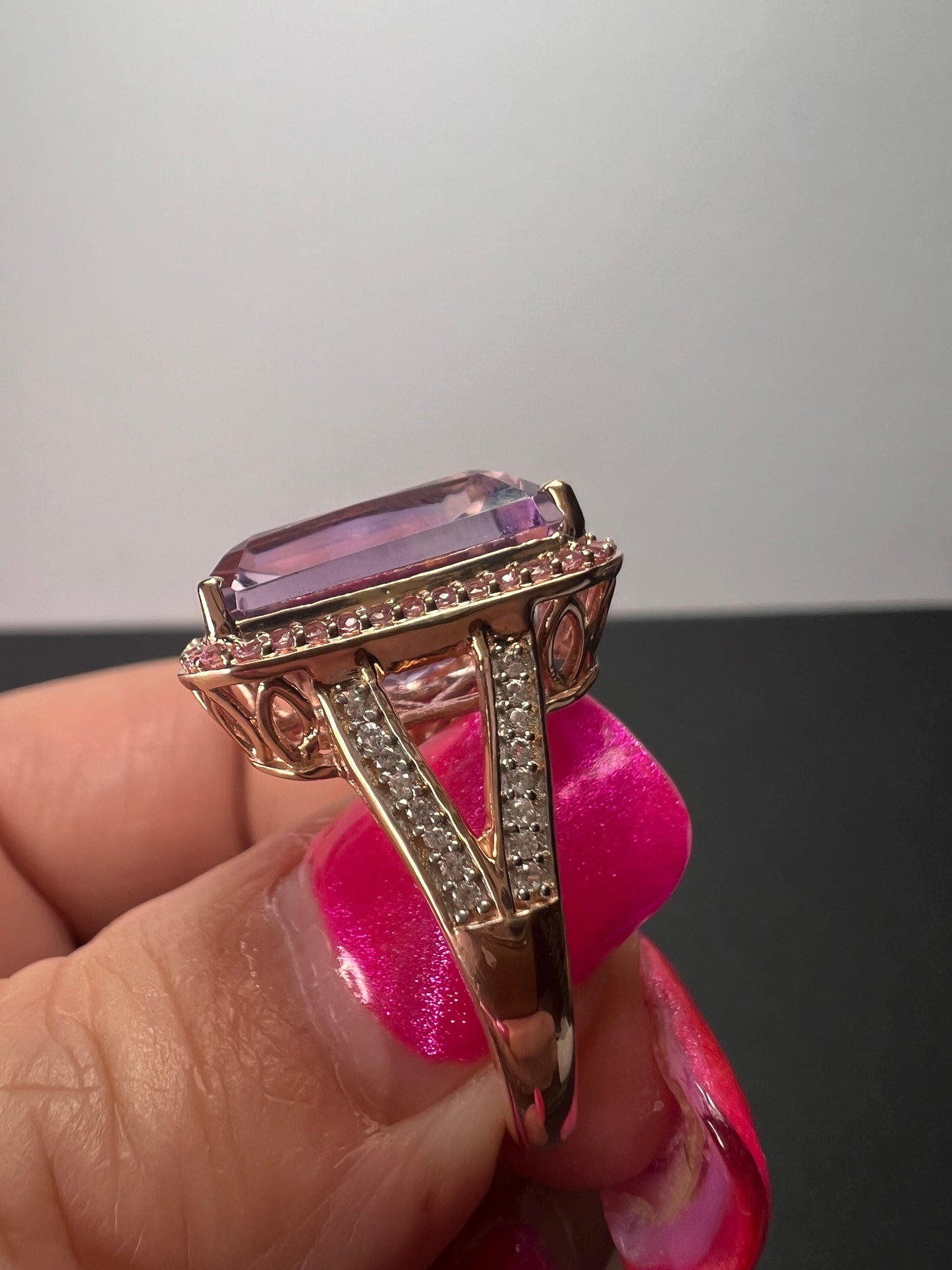 Radiant cut rose de France amethyst and pink sapphire halo ring in rose gold vermeil over sterling silver size 8 *NEW*