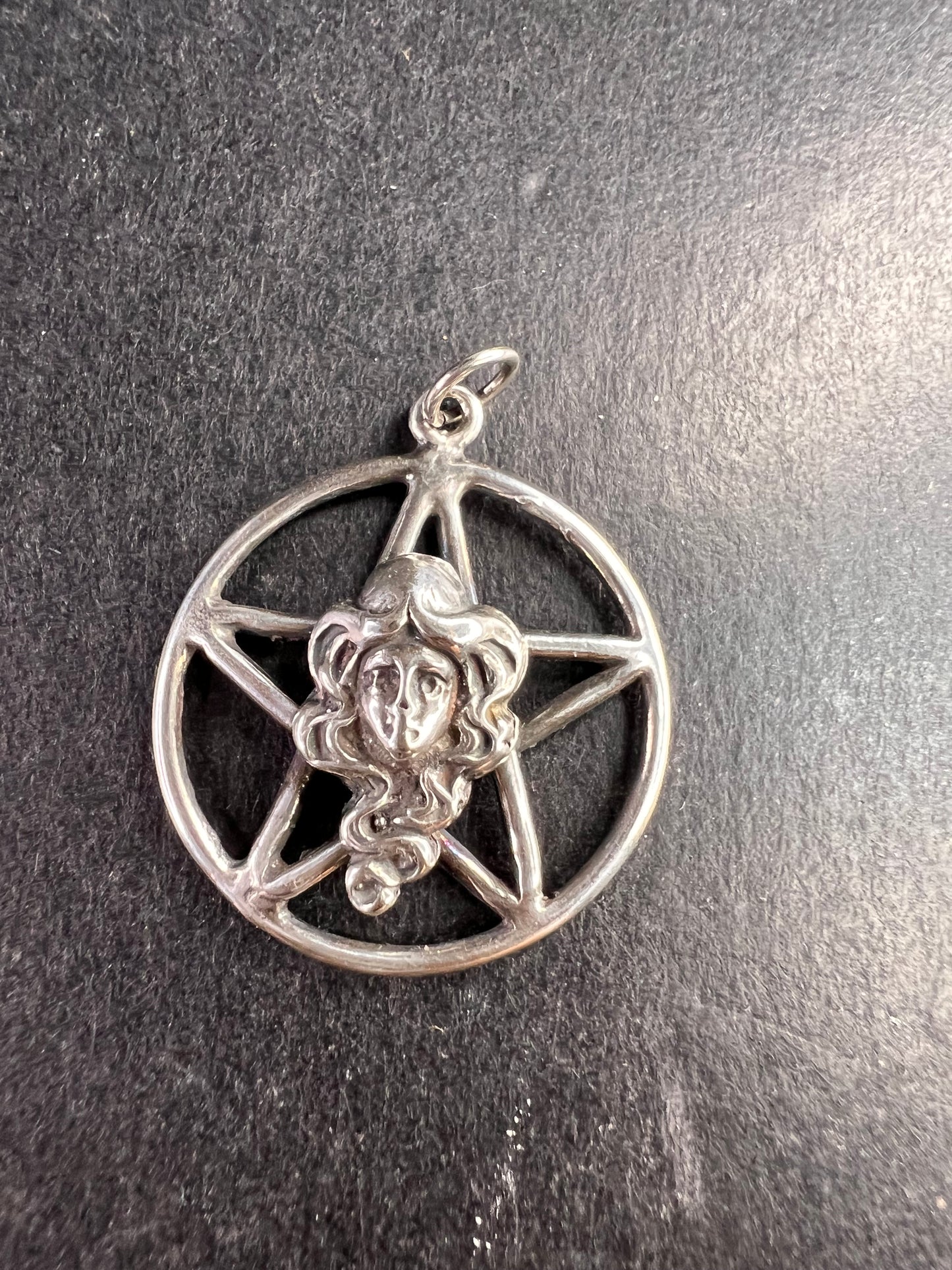 Vintage Sterling Silver Pentacle Goddess Face Charm Pendant