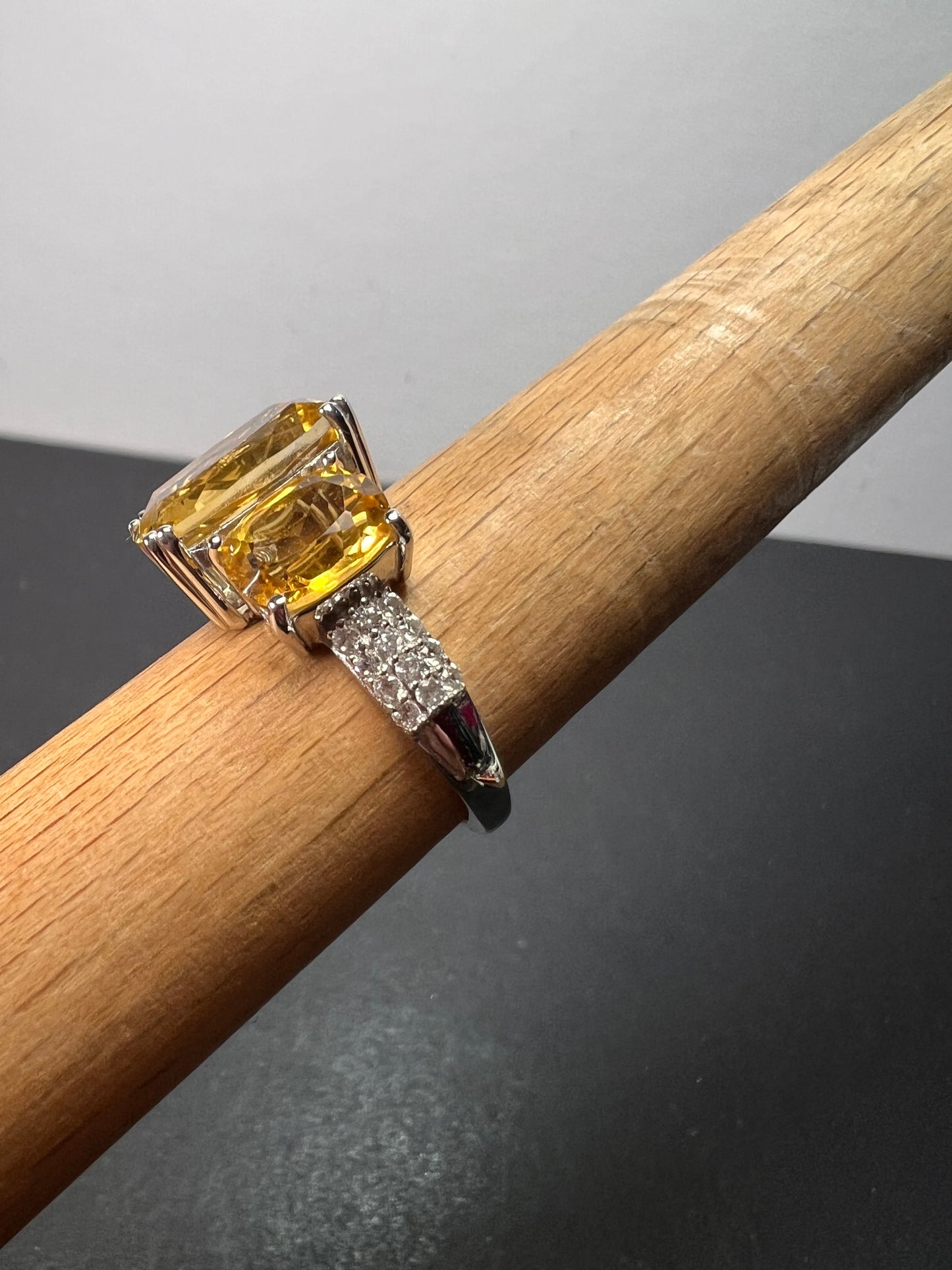 Brand new Brazilian citrine and white zircon 10.20 trilogy ring in platinum over sterling silver size 9