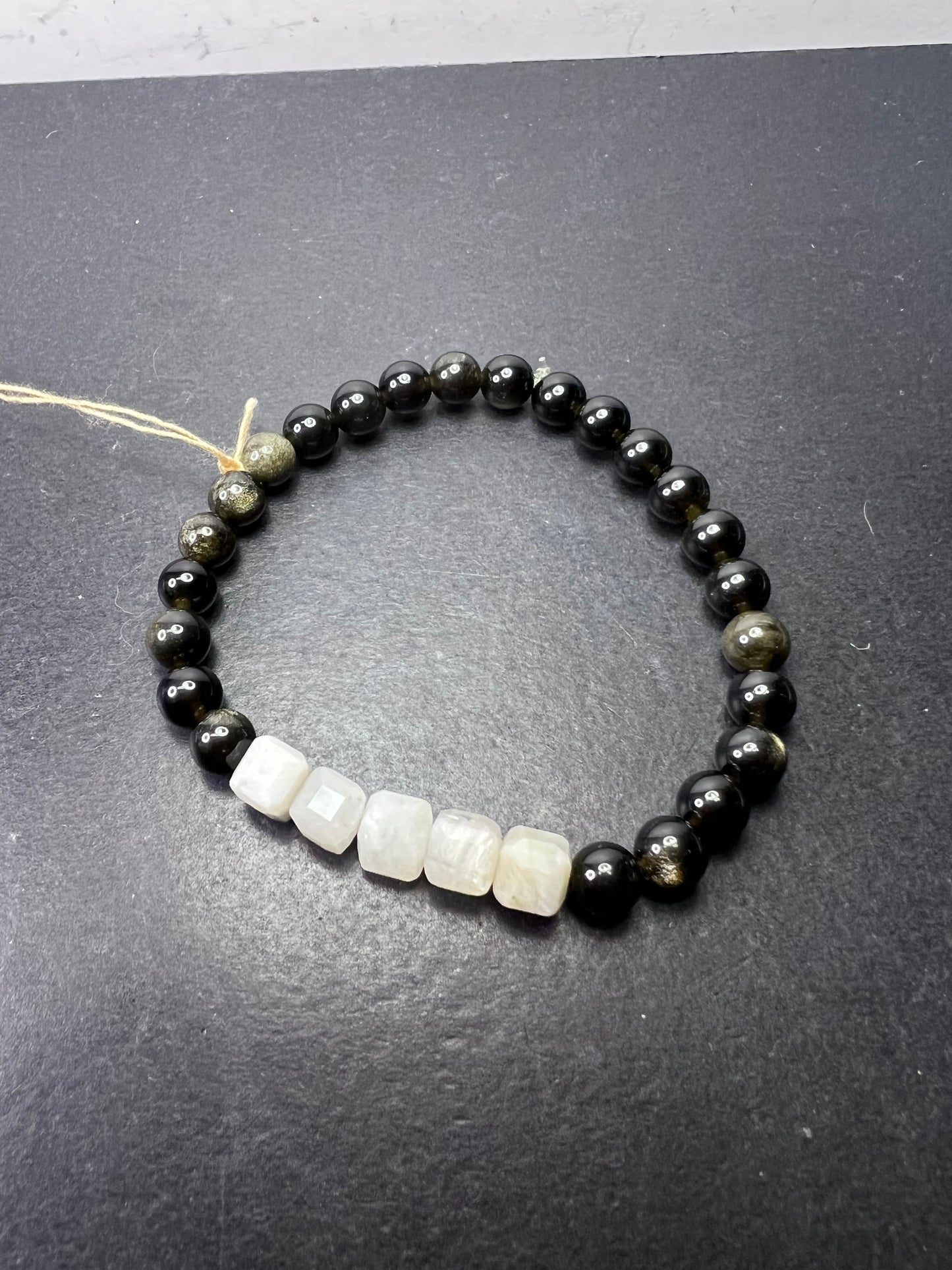 Golden sheen obsidian and moonstone stretch bracelet 7 inch