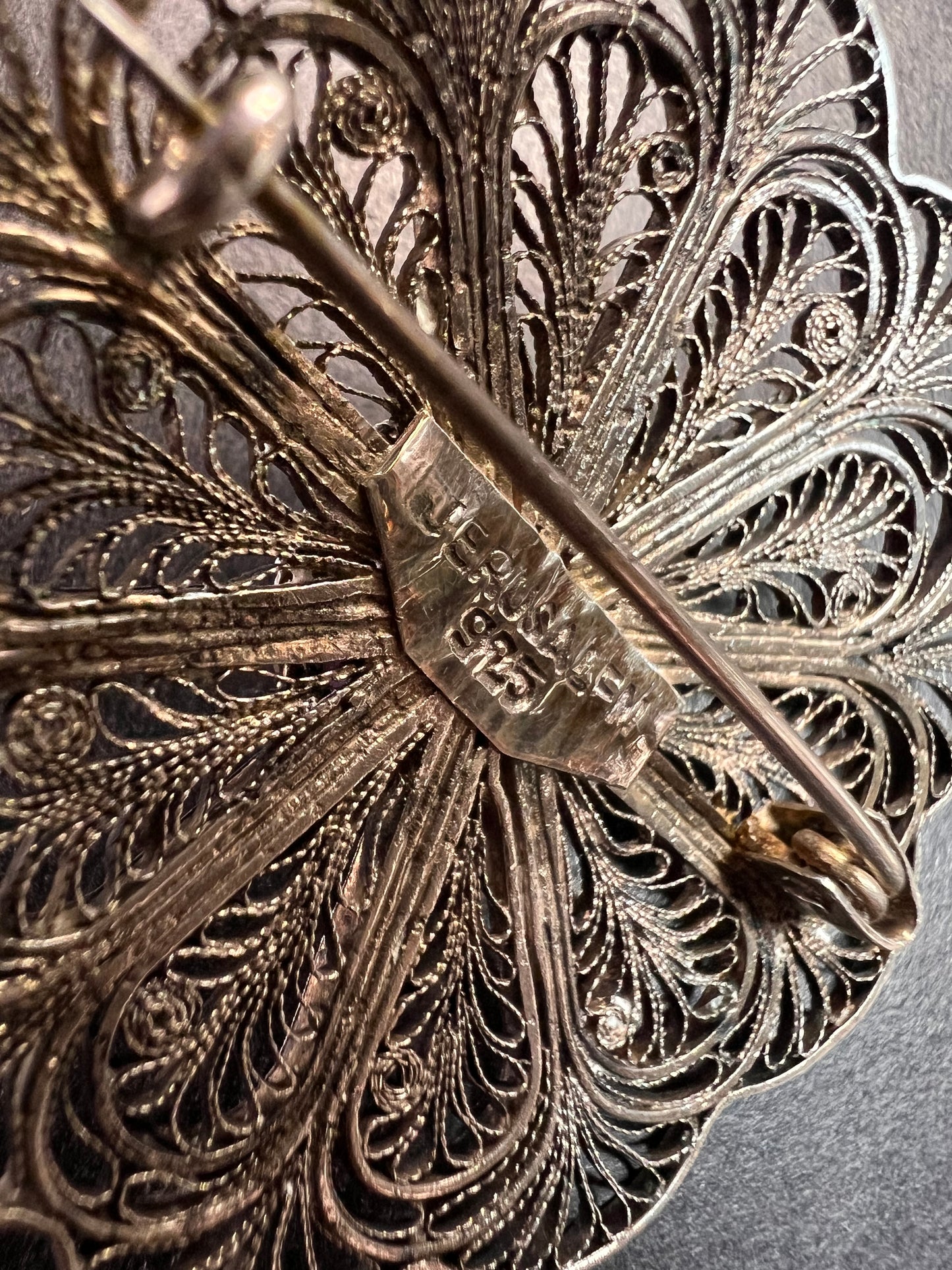 Vintage filigree amethyst sterling silver brooch made in Jerusalem