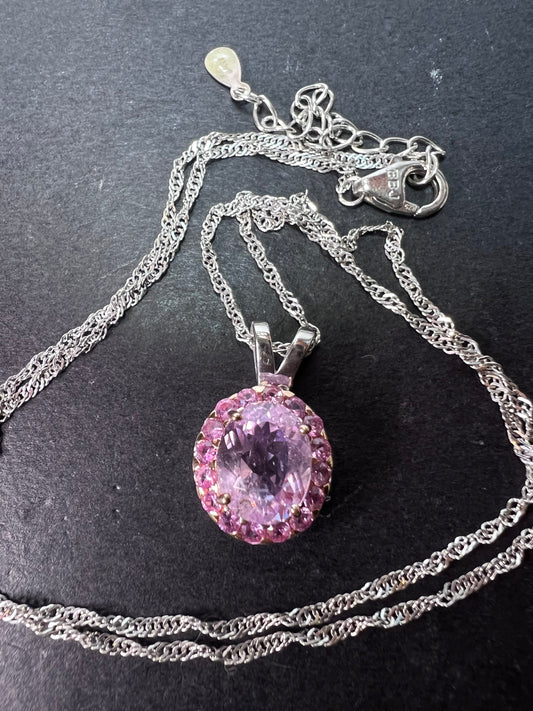 Kunzite and pink sapphire halo pendant necklace in sterling silver