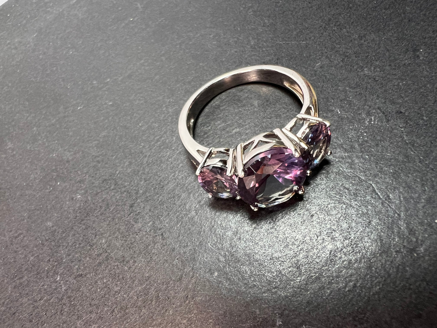 Lab created alexandrite trilogy ring in rhodium over sterling silver size 9