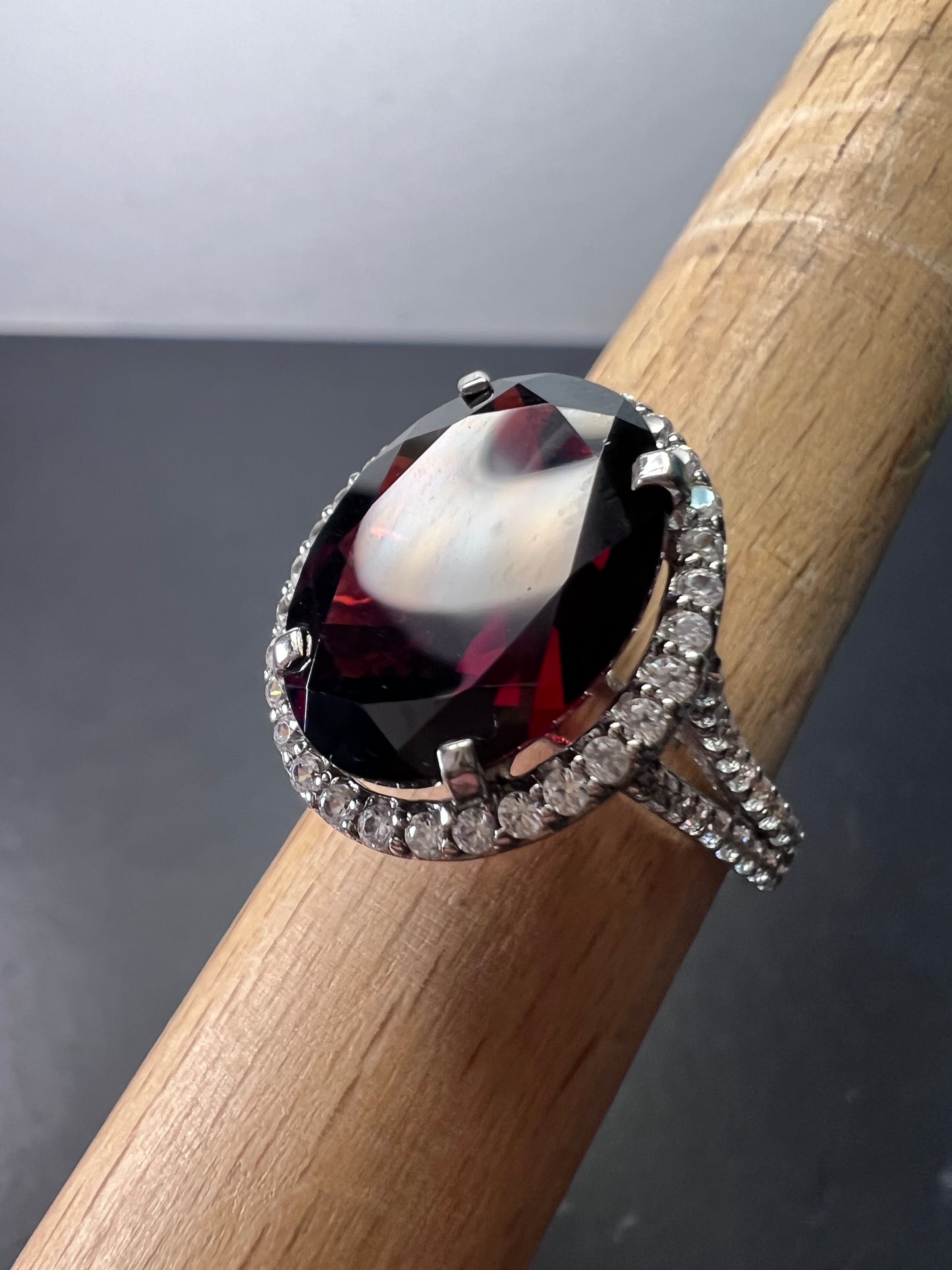 Garnet and zircon sterling silver halo ring size 9