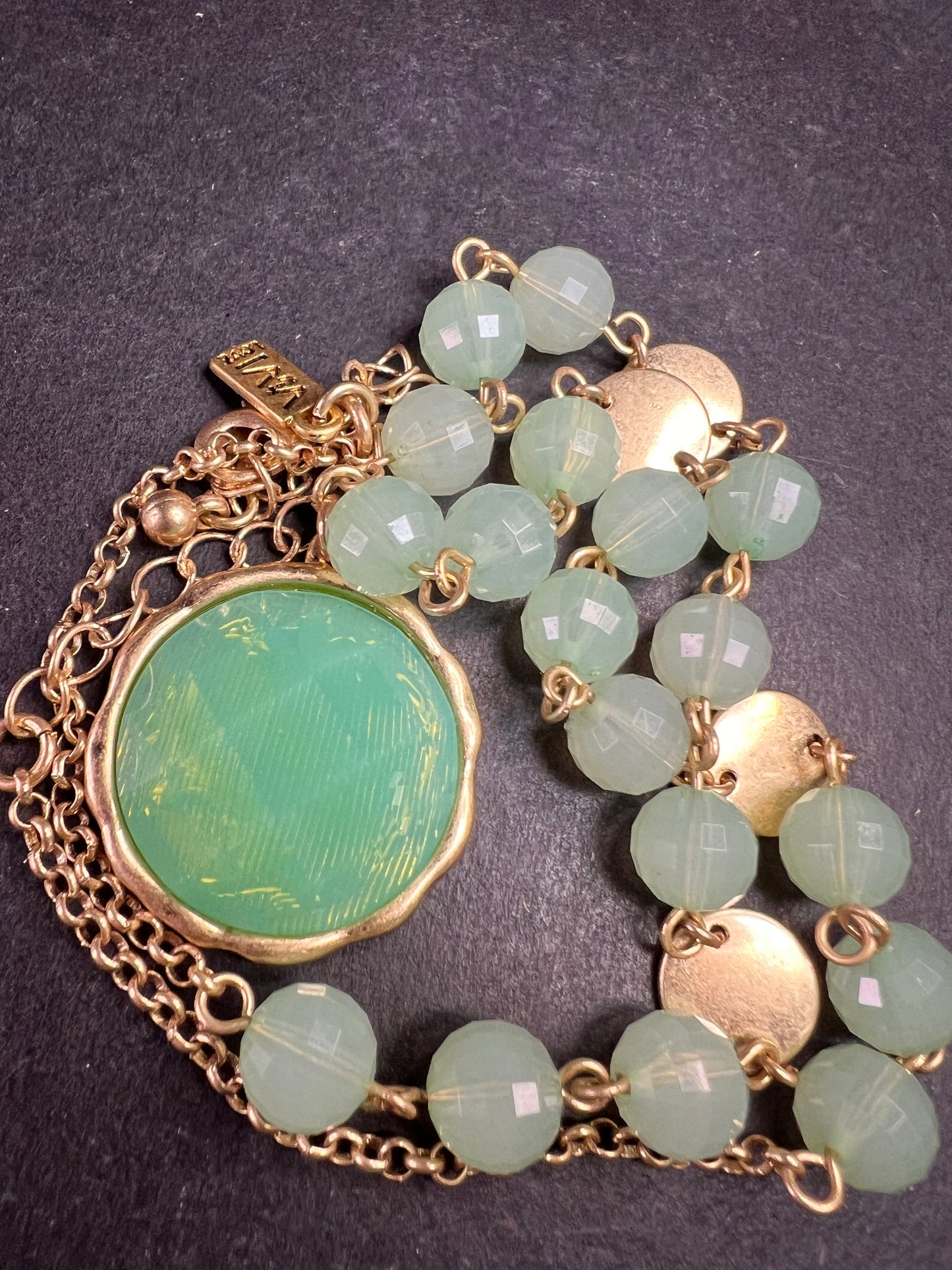 Vivi Love Green Glass Beaded Pendant Necklace Gold Tone 20in