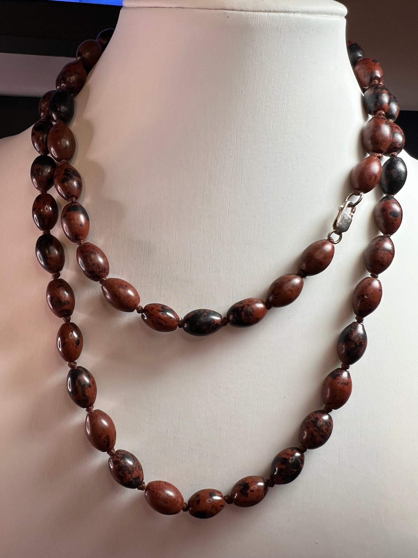 NEW Mahogany obsidian knotted 36 inch necklace with sterling silver clasp