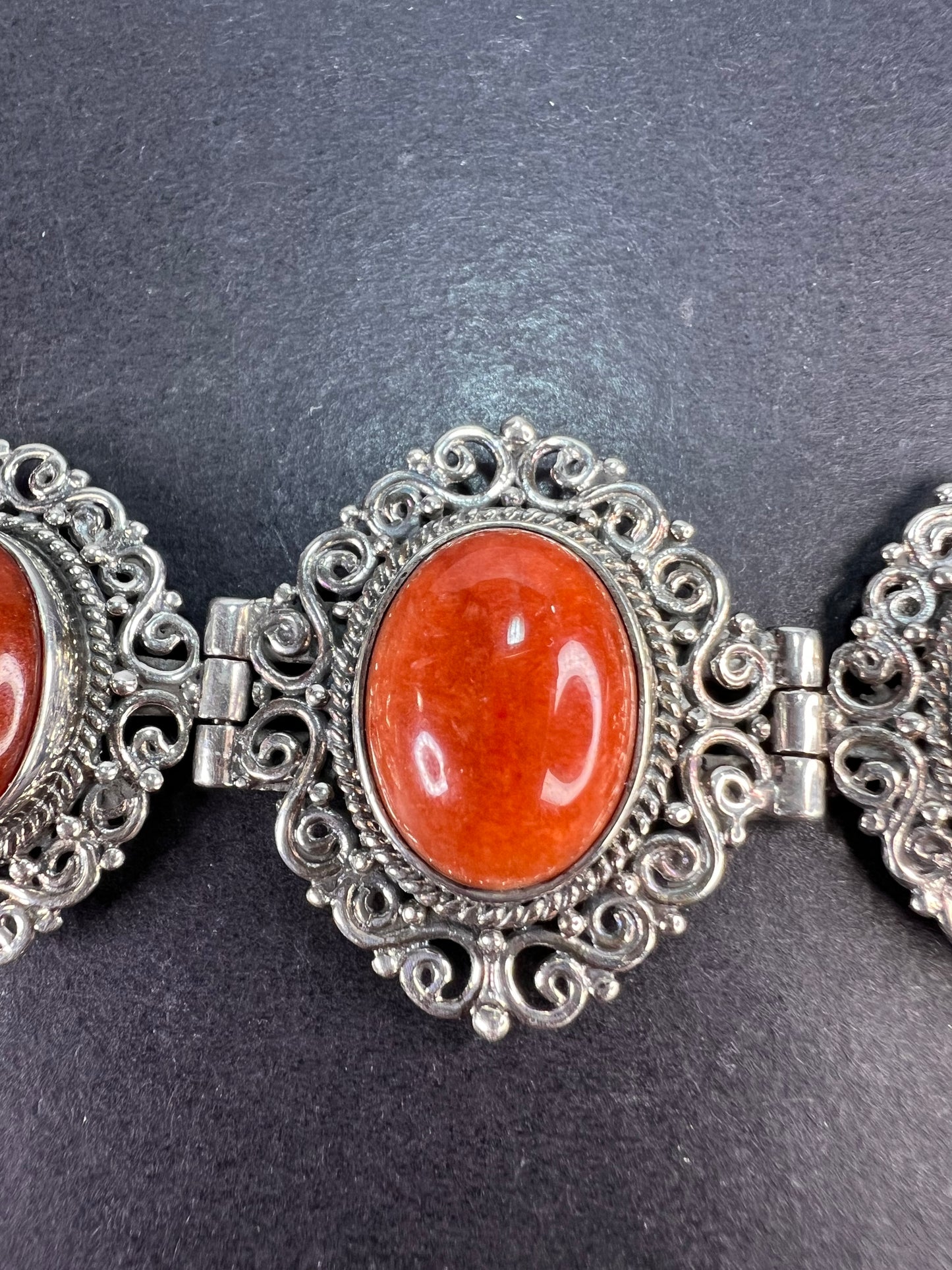 Red orange jade ornate sterling silver toggle bracelet