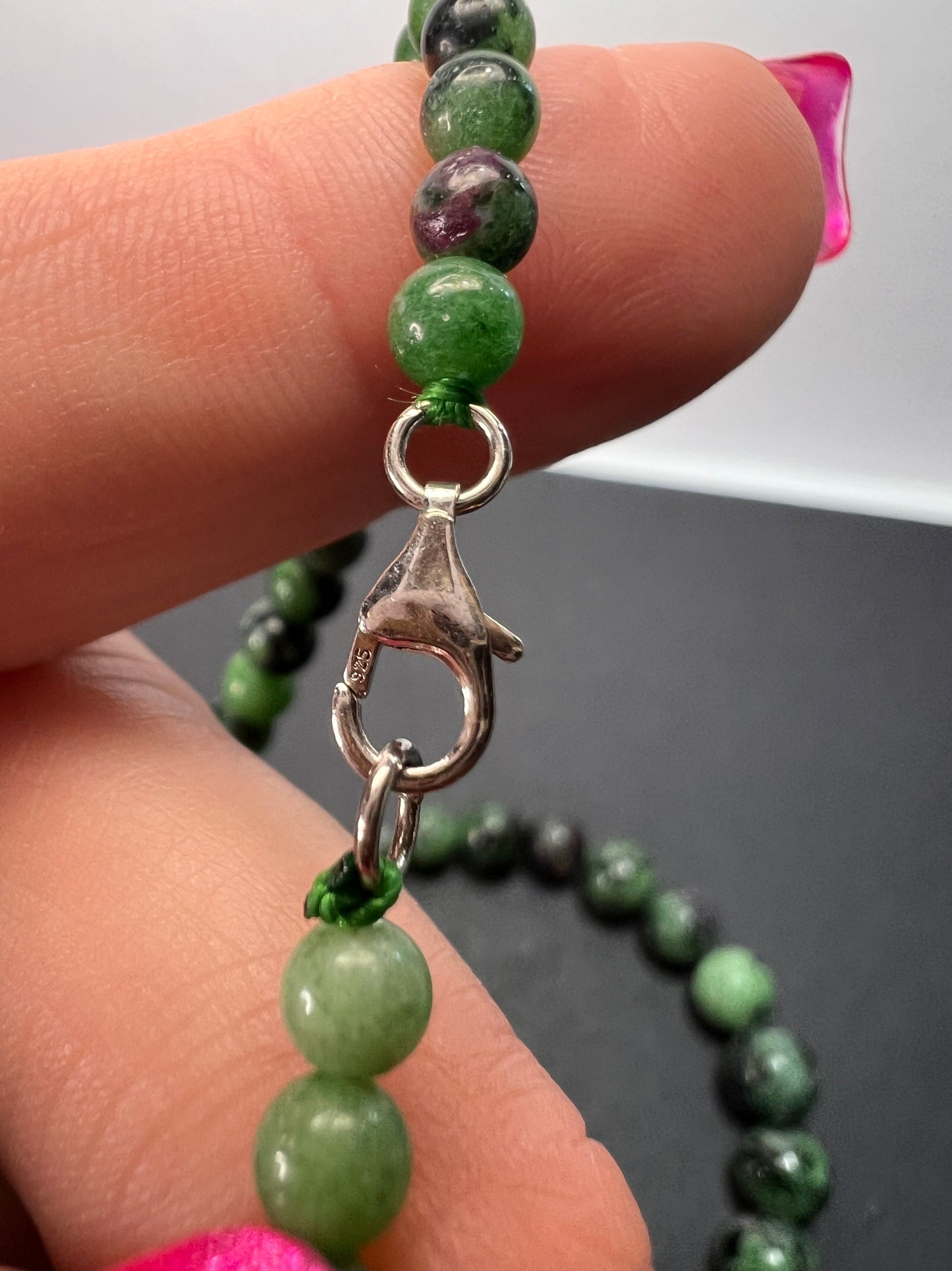 Ruby in zoisite graduated necklace with sterling silver clasp