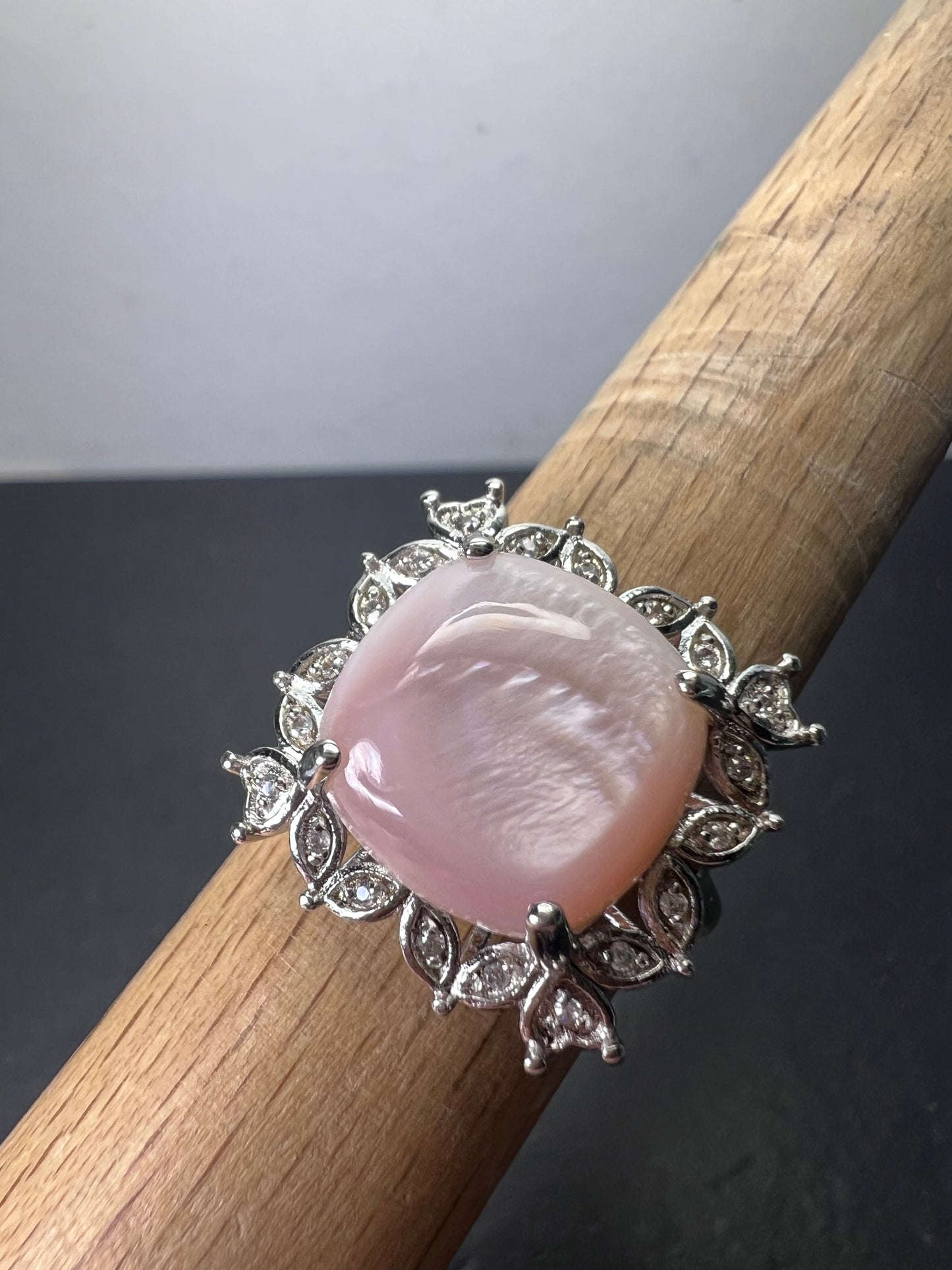 Pink Mother-of-Pearl With White Zircon Rhodium Over Sterling Silver Ring size 8