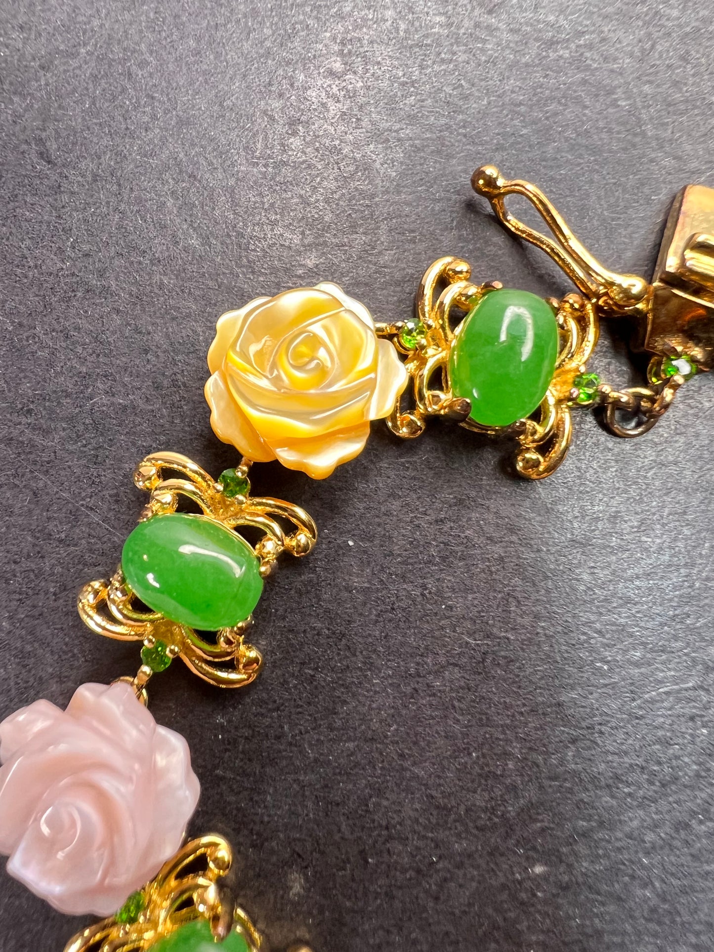 Mother of pearl roses , jade and chrome diopside bracelet in gold over sterling silver 7.5 inches